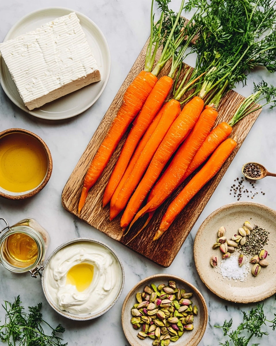 A bunch of bright orange carrots with green leafy tops lies side by side on a wooden cutting board in the center of the image. To the left top corner, there is a white plate holding a large block of white cheese. Surrounding the board on a white marbled surface, there are small bowls and jars containing creamy white yogurt, light yellow oil, golden honey, chopped green nuts, and a mixture of salt and black pepper on a beige plate. Some loose green herbs and scattered pistachio nuts add extra detail around the setup. photo taken with an iphone --ar 4:5 --v 7
