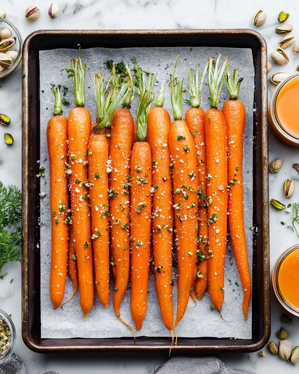 A baking tray with a layer of light gray parchment paper holds a single layer of twelve whole carrots arranged side by side, all with green tops still attached. The carrots are bright orange with a slightly shiny texture. They are sprinkled with coarse salt, black pepper, and small green herb bits evenly across their surfaces. The tray rests on a white marbled surface with some pistachio nuts, green herb sprigs, and a small glass jar filled with a light orange sauce placed around it. photo taken with an iphone --ar 4:5 --v 7
