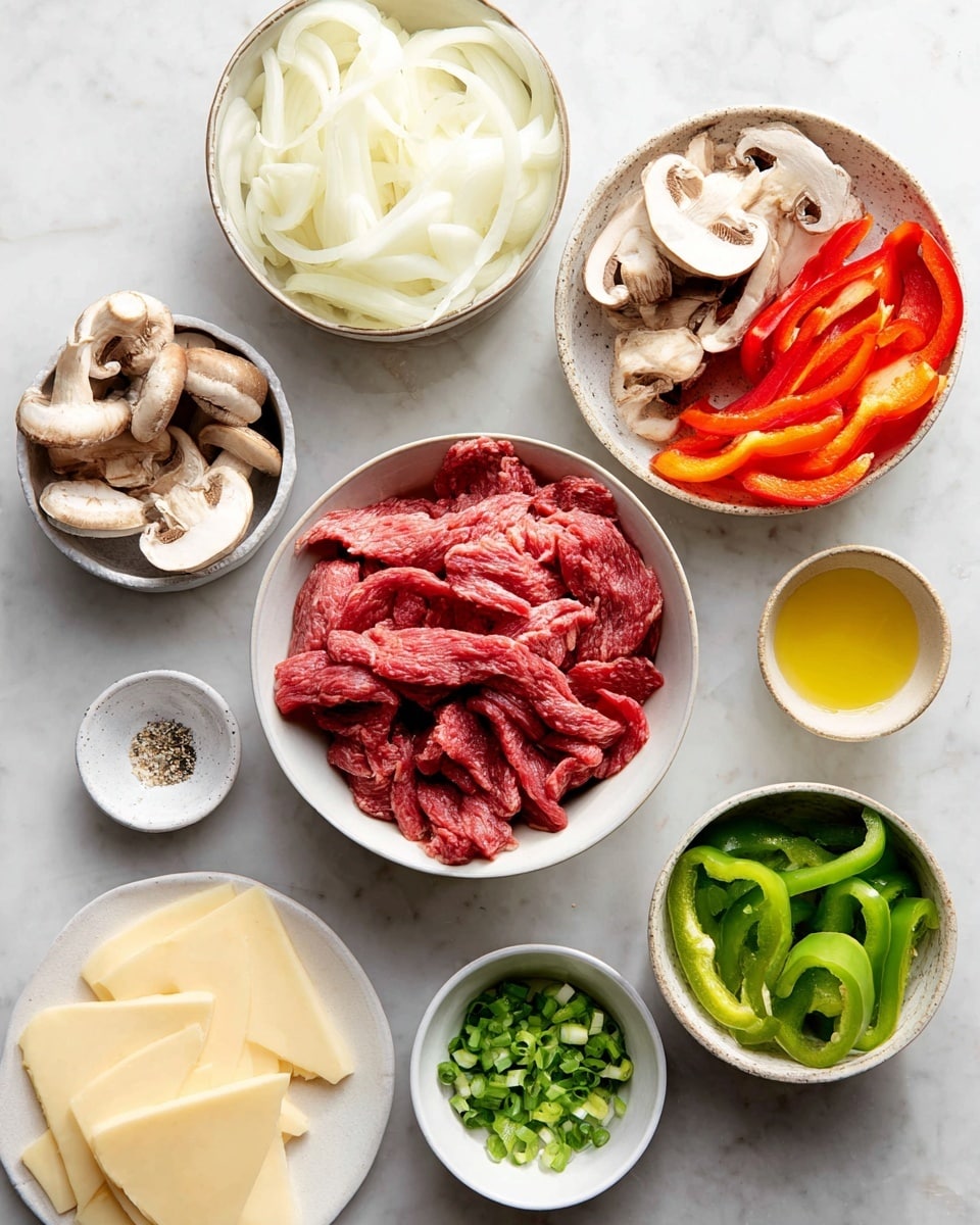 The image shows seven bowls and small dishes arranged on a white marbled surface. In the center, there is a bowl filled with thin slices of raw red meat. To the left of the meat, there is a bowl with white sliced onions, and below it, another bowl with light brown sliced mushrooms. On the right side of the meat, there is a bowl filled with green and red sliced bell peppers arranged side by side. Below the meat and to the right, there are three small white dishes; one filled with chopped green onions, one with a light powdery ingredient, and one with yellow oil. At the bottom left, there is a white plate with several round slices of pale yellow cheese. A small dish with salt and black pepper sits near the top center. The photo taken with an iphone --ar 4:5 --v 7