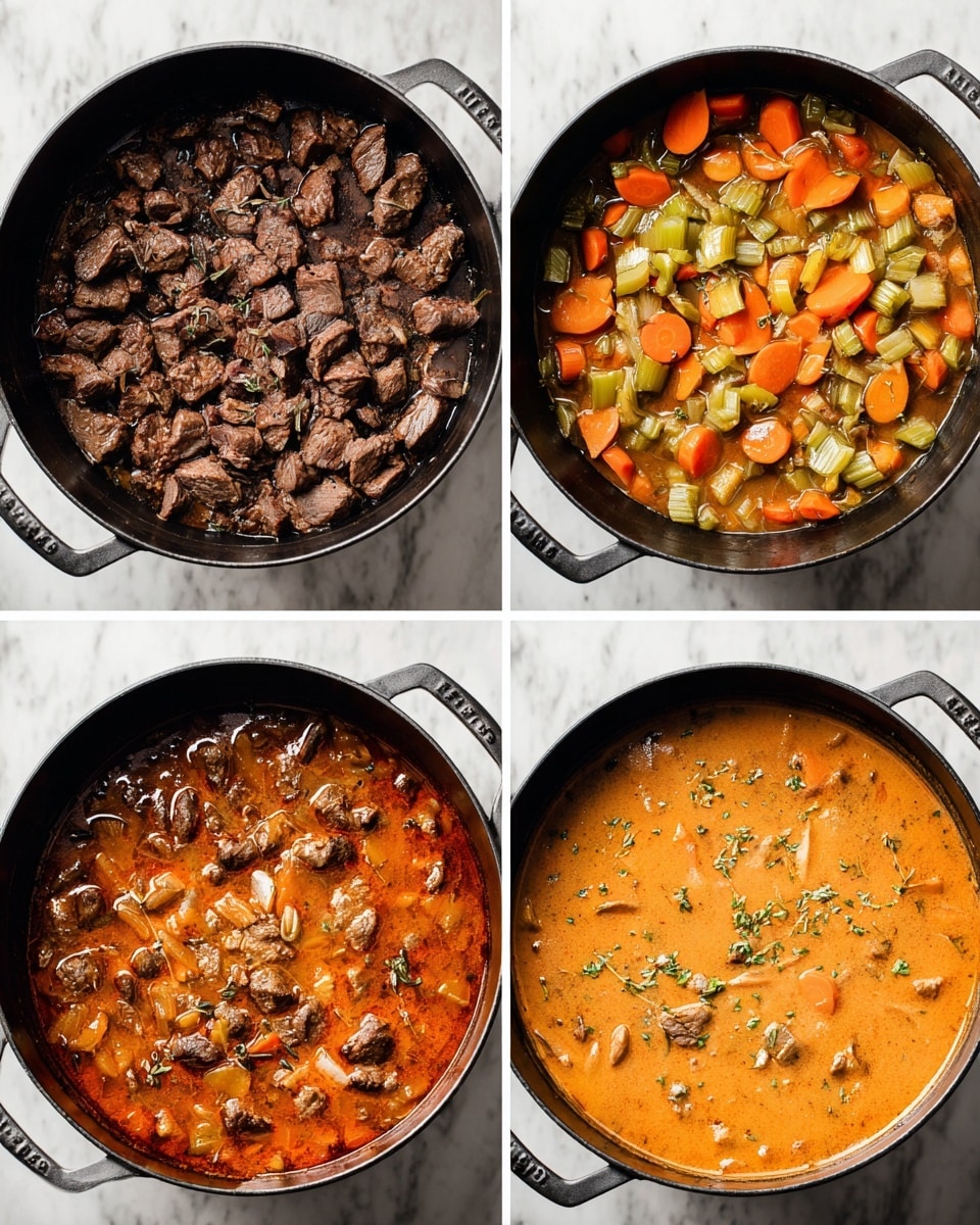 The image shows four steps of cooking a stew in a black pot on a white marbled surface. The first layer has browned pieces of meat, dark brown and textured, spread evenly in the pot. The second layer adds bright orange carrot slices and light green celery pieces mixed with the browned meat. The third layer shows the same mixture with a thick, reddish-brown stew liquid partially covering the meat and vegetables. The final layer is a creamy orange stew with visible pieces of meat, carrots, and small green herbs sprinkled on top. photo taken with an iphone --ar 4:5 --v 7