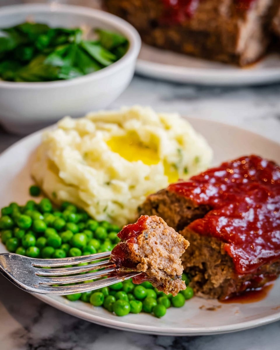 A white plate holds a meal with three main parts. At the bottom right is a thick, brown meat slice topped with shiny red sauce, showing a rough texture. Above and slightly left is a fluffy mound of pale yellow mashed potatoes with a small pool of melted butter in the middle. At the bottom left are many small, bright green peas, appearing fresh and smooth. In the foreground, a silver fork holds a small piece of the meat, with visible bits of the same red sauce on it. The background shows a blurred white bowl with green leaves and a large piece of meat. The surface is white with a marbled texture. photo taken with an iphone --ar 4:5 --v 7
