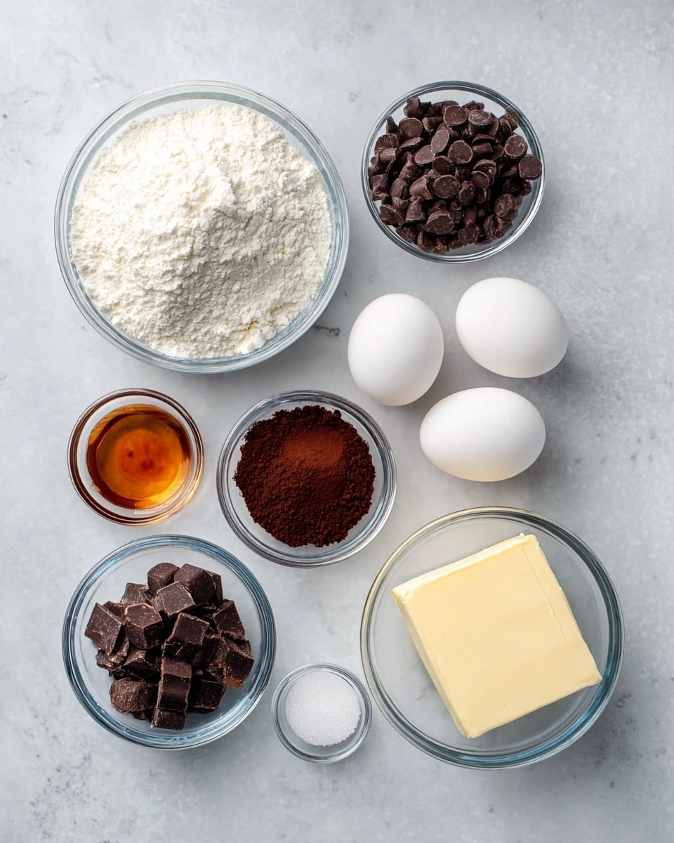 The image shows a flat white marbled surface with separate clear glass bowls and items arranged neatly. There is a bowl of white flour with a soft dry texture, a bowl of dark brown cocoa powder with a smooth powdery look, and a bowl with small dark chocolate chips showing a shiny smooth surface. Two whole white eggs sit without a bowl near the center. A large bowl filled with white granulated sugar is placed along with a small clear bowl of amber-colored vanilla extract. A block of pale yellow butter has a smaller cut piece resting on top, and a tiny clear bowl holds white salt. Everything is placed spaced out evenly in a clean and organized manner. Photo taken with an iphone --ar 4:5 --v 7