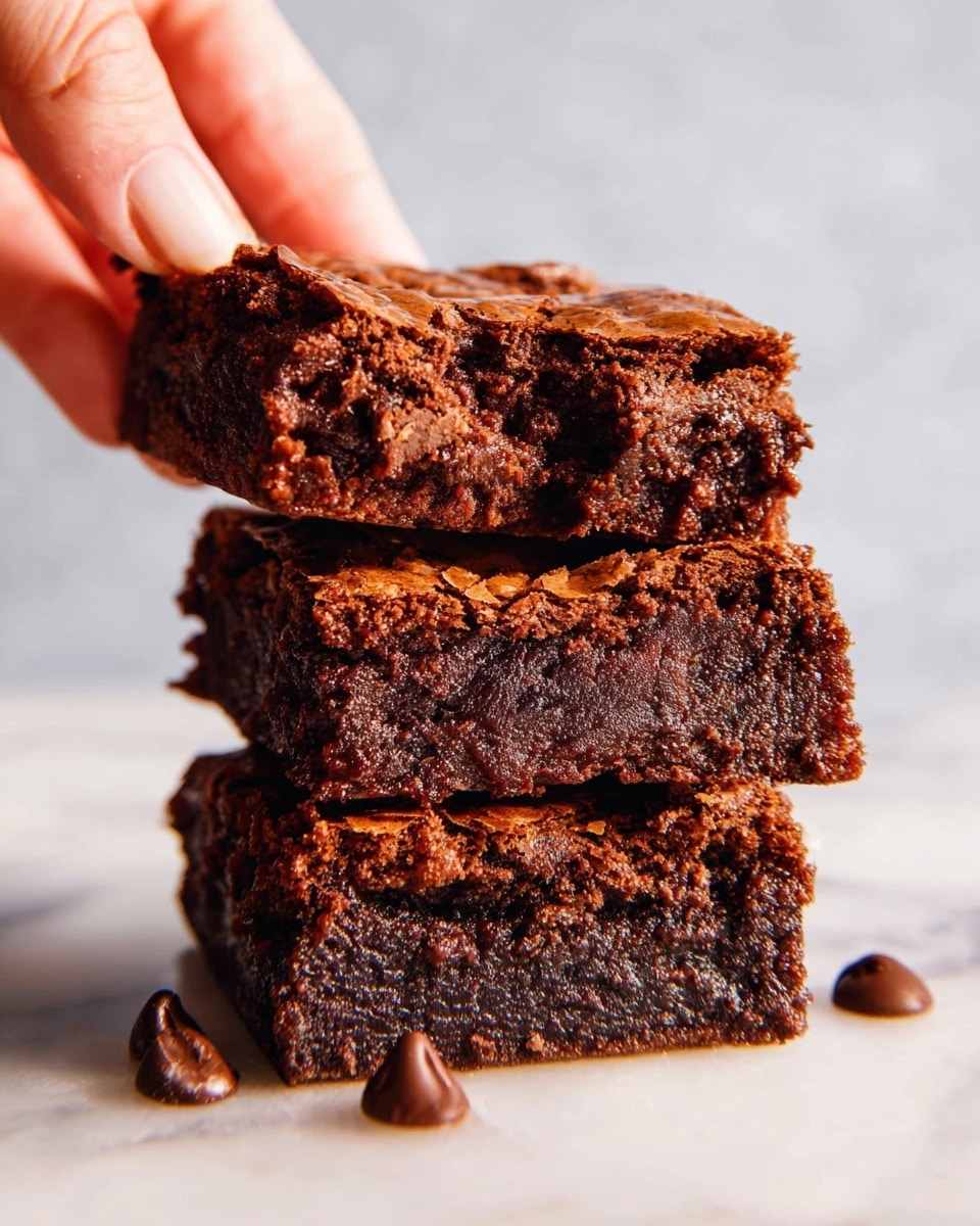 The image shows eight square pieces of chocolate brownies arranged close together on a white marbled surface. Each brownie has a shiny, crinkled top layer with a rich dark brown color and slightly uneven texture. The middle layer looks dense and fudgy with a darker chocolate shade visible along the edges. The pieces are cut evenly and placed in a neat grid with narrow gaps between them. photo taken with an iphone --ar 4:5 --v 7
