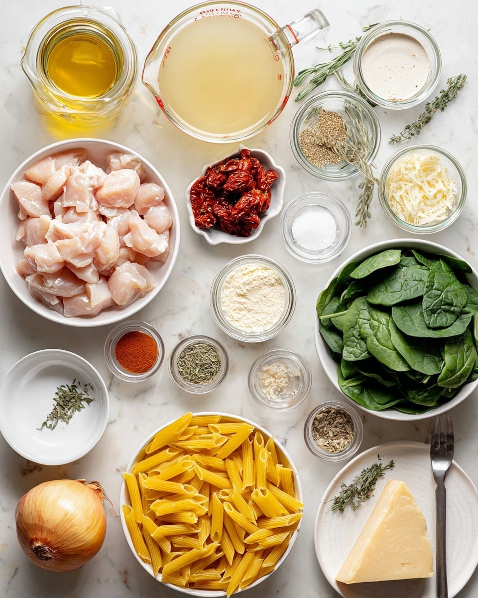 The image shows a clean layout of raw ingredients arranged on a white marbled surface. In the center left, there is a white bowl filled with raw light pink chicken chunks. To the right of it, a white bowl contains bright yellow dry penne pasta. Above the pasta, there is a white bowl of fresh dark green spinach leaves. Next to the spinach, a small white bowl holds red sun-dried tomatoes. Toward the top center, a glass measuring cup contains light golden broth. Scattered around are small white bowls and glass jars including a white bowl with white salt, a white bowl with granulated sugar, a jar labeled garlic powder filled with off-white powder, a jar of paprika with a bright red powder, and a jar of thyme with greenish dried leaves. Near the bottom center, there is a wedge of pale yellow Parmesan cheese on a small white plate with grated cheese and a measuring spoon filled with grated cheese. A small glass bowl of creamy white liquid is near the top, and a small glass of light brown liquid sits nearby. A whole yellow onion rests near the bottom of the image. Olive oil in a clear bottle is in the upper left corner. The whole setting is very organized, with each item clearly visible and mostly in white dishes, all placed on a white marbled texture. Photo taken with an iphone --ar 4:5 --v 7