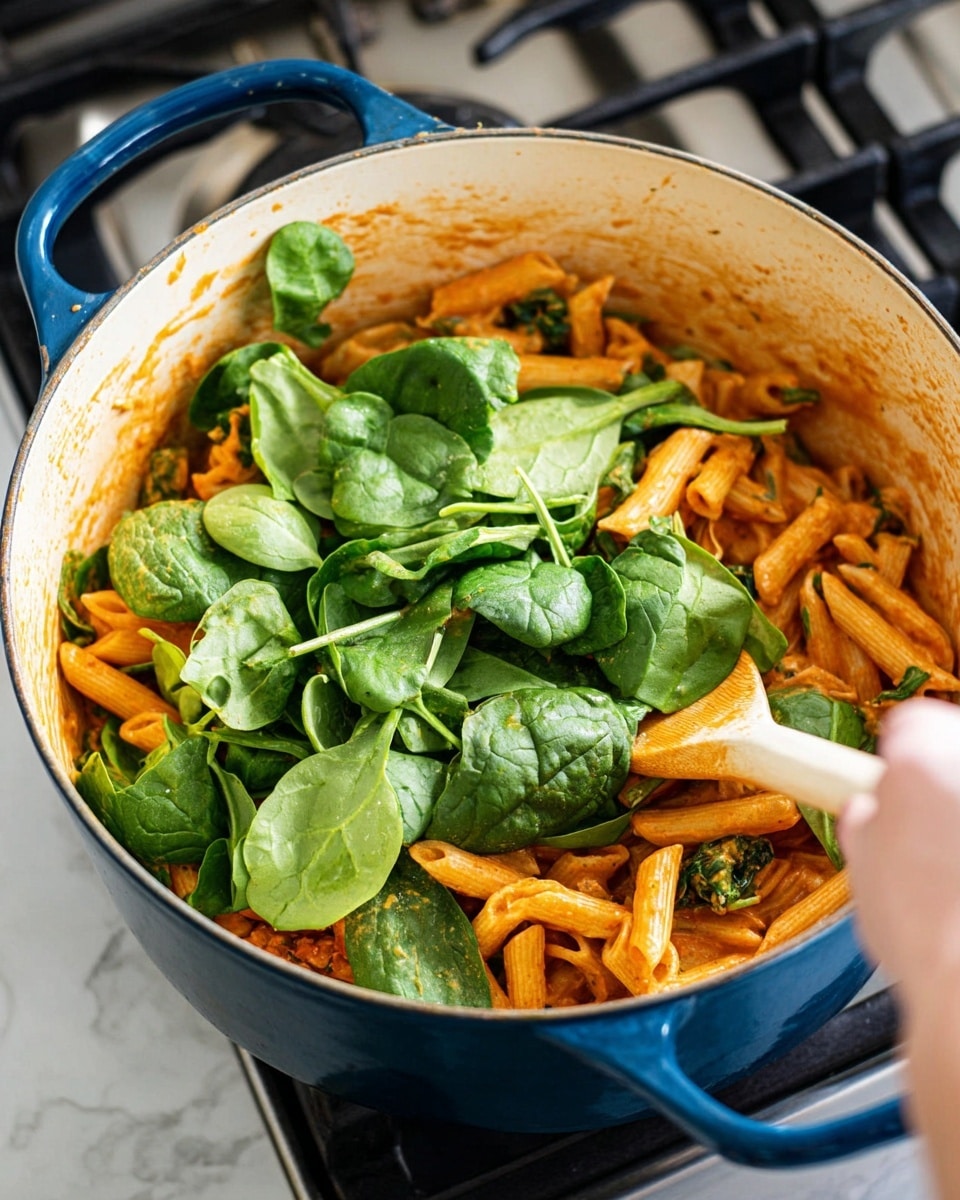 A large blue pot filled with a mix of yellowish-orange penne pasta coated in a creamy reddish-orange sauce, and fresh bright green spinach leaves resting on top. The pot’s white inside is stained with bits of the reddish sauce, showing a rustic cooking scene. A woman's hand is stirring the ingredients with a light wooden spoon. The pot sits on a stove with a blurred kitchen background, and the surface below has a white marbled texture. photo taken with an iphone --ar 4:5 --v 7