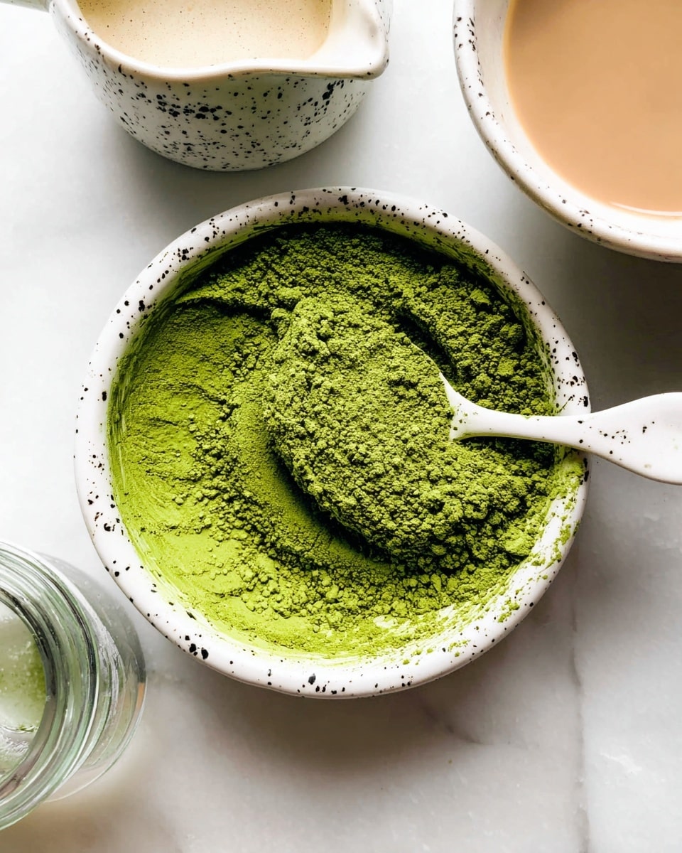 A white bowl with black speckles is filled with bright green matcha powder, which looks soft and fine with a slightly uneven, crushed texture; a white spoon rests inside the bowl, partially covered by the powder. Around the bowl, there is a small white jug with black speckles containing a creamy liquid, a white bowl with black speckles holding a light brown liquid, and part of a clear glass container. All items are placed on a white marbled surface. photo taken with an iphone --ar 4:5 --v 7