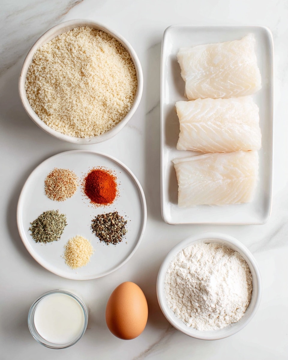 The image shows a neatly arranged set of ingredients on a white marbled surface. On the top right, there is a white rectangular dish holding four pieces of white fish fillets with a smooth, slightly shiny texture. To the left of this is a large white bowl filled with light beige breadcrumbs that have a coarse, grainy texture. Below the fish, a white round plate holds five small piles of different spices and seasonings: a reddish-orange powder, a greenish dried herb, coarse black pepper, a pale yellow powder, and white salt. Below the spices, there is a small glass cup filled with white milk, next to a single brown egg with a smooth shell. On the bottom right, there is a small white bowl filled with white flour that looks soft and powdery. Everything is clean and arranged neatly, with soft natural lighting highlighting the textures. Photo taken with an iphone --ar 4:5 --v 7