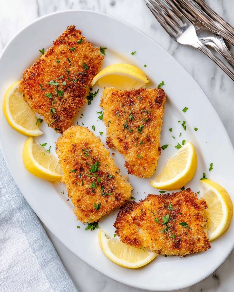 A white oval plate holds four pieces of golden-brown, crispy breaded fish fillets arranged with space between them. Each fillet has a rough, textured surface with a crispy crust and is sprinkled with small green herb bits. Between the fillets and around the plate, there are thin, bright yellow lemon slices and wedges with a fresh look. The plate is placed on a white marbled surface, and in the top right corner, there are some silver forks stacked loosely. photo taken with an iphone --ar 4:5 --v 7