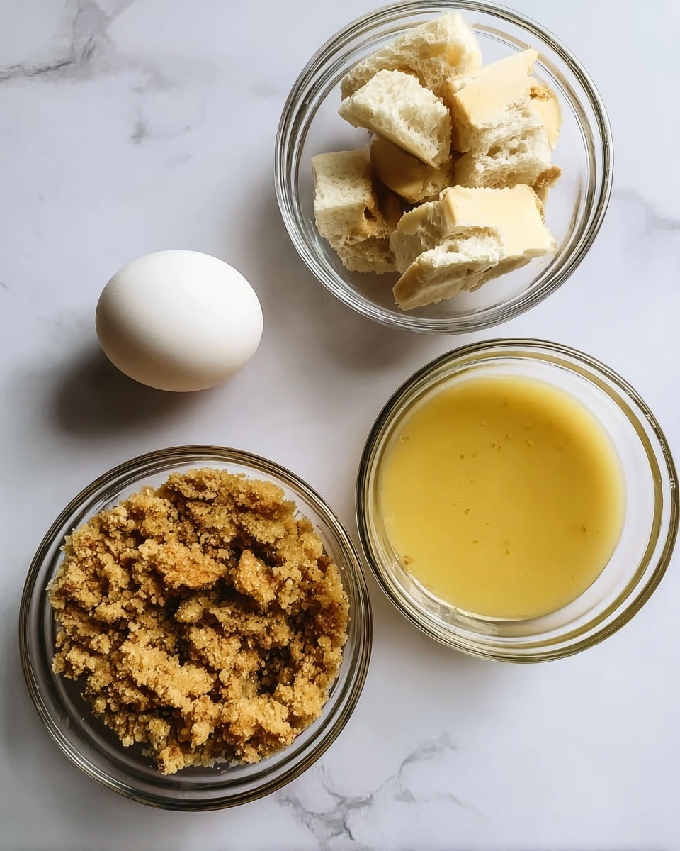 The image shows four clear glass bowls placed on a white marbled surface. The top-right bowl contains pieces of torn white bread with a soft, slightly crusty texture and pale creamy color. The bottom-left bowl holds crumbled stuffing mix in a golden brown shade with a rough, uneven texture. The bottom bowl contains a smooth, golden yellow liquid, likely broth, with a shiny surface reflecting light. The top-right bowl has one whole white egg resting inside, smooth and matte. The composition is clean and simple, with each bowl clearly showing its contents. photo taken with an iphone --ar 4:5 --v 7