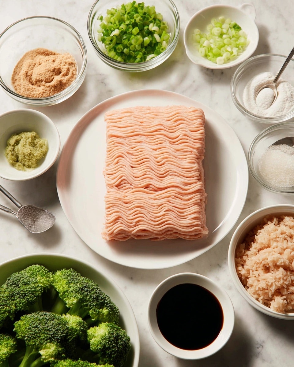 A white plate holds a neat rectangular layer of pale pink ground meat with smooth, wavy texture lines running across it, centered in the image. Surrounding the plate are small white bowls and clear glass bowls filled with various ingredients: chopped green onions with bright green and light yellow colors, brown sugar granules, dark soy sauce, light beige minced garlic on a black measuring spoon, white flour on a silver measuring spoon, a green paste in a small white bowl, and a bowl of light brown cooked rice. A bowl in the foreground contains fresh, vibrant green broccoli florets. All items rest on a white marbled surface. photo taken with an iphone --ar 4:5 --v 7