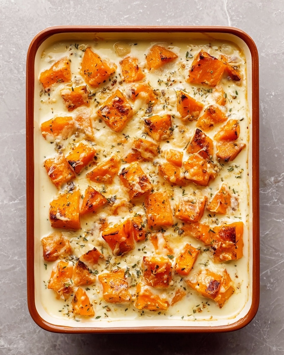 A rectangular white baking dish filled with a creamy white sauce mixed with chunks of orange roasted pumpkin pieces scattered evenly across the surface. The pumpkin pieces have browned edges and small bits of herbs sprinkled over, giving a slightly textured look. The creamy sauce is smooth and spreads around the pumpkin pieces, with some melted cheese or browned spots appearing on the top layer. The dish is placed on a white marbled surface, highlighting the warm orange and creamy white colors. photo taken with an iphone --ar 4:5 --v 7