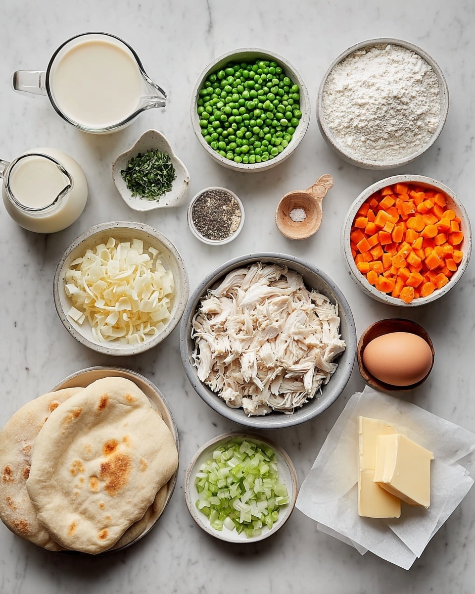 The image shows various ingredients for a dish arranged neatly on a white marbled surface. From left to right, there is a glass jug filled with milk, a small white bowl with green peas, a small white saucer with chopped garlic, a bowl with white flour, a small round bowl with fresh green herbs, a small wooden bowl with cracked black pepper, a small white bowl with salt, a small white bowl with finely ground black pepper, and an egg. In the center, there is a gray bowl filled with shredded white chicken. On the right side, there is a white bowl with chopped white onions, a small white bowl with bright orange chopped carrots, a small white bowl with chopped green celery, a small round white plate with two pieces of butter, and two white pita breads placed on white parchment paper. The arrangement is clean and organized, suitable for preparing a chicken pot pie. photo taken with an iphone --ar 4:5 --v 7