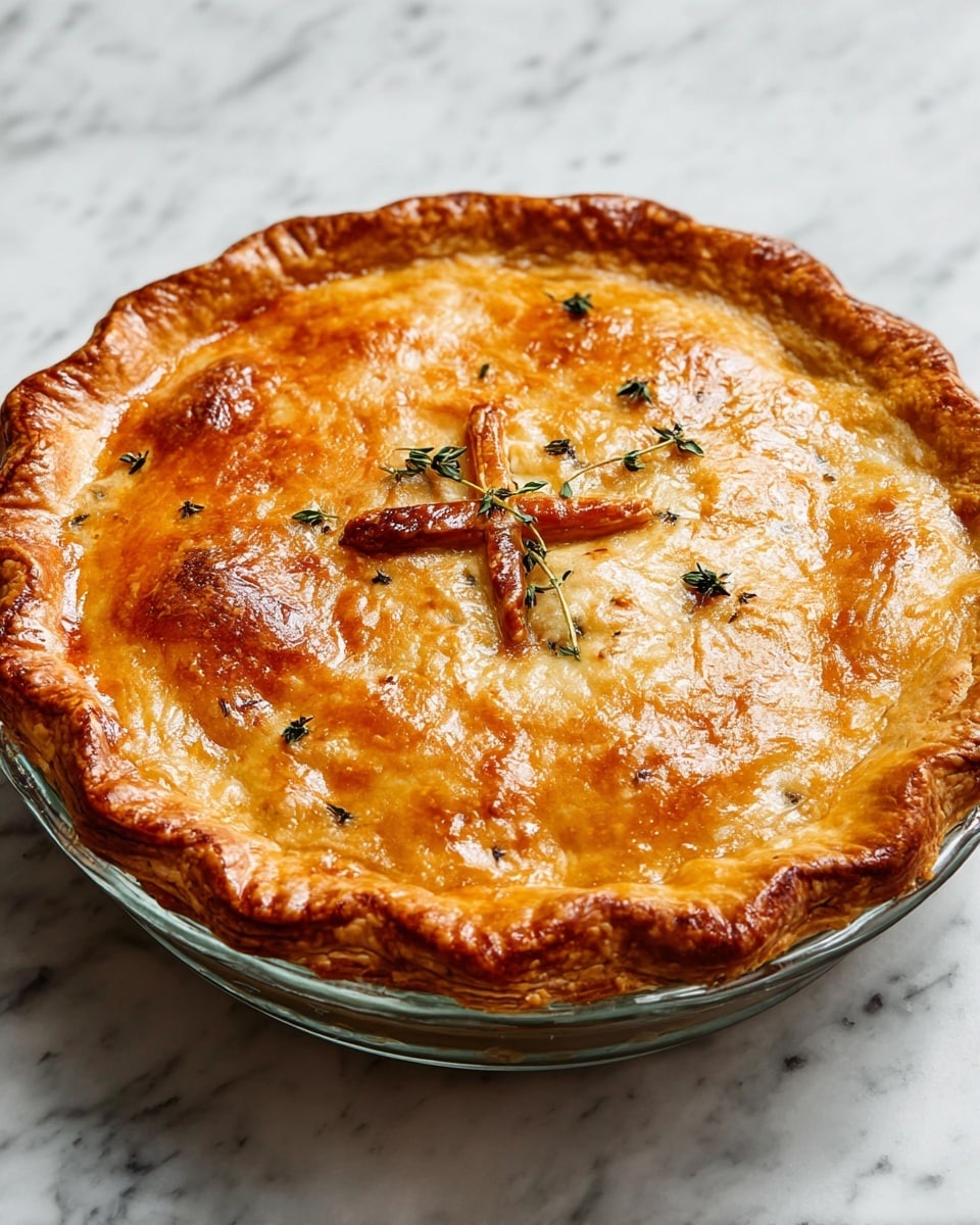A whole round pie sits on a clear glass dish, showing a golden-brown top crust with a shiny, slightly uneven surface. The crust edges are scalloped with a rich deep golden color, and a cross-shaped vent is cut in the middle. Small green herb leaves, likely thyme, are scattered on top near the vent. The background is a white marbled surface. photo taken with an iphone --ar 4:5 --v 7