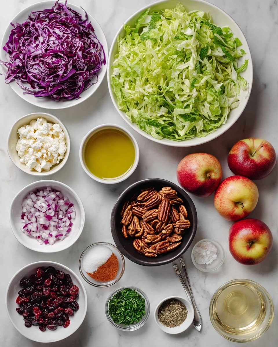 The image shows an assortment of ingredients arranged neatly on a white marbled surface. There are two large white bowls filled with bright green shredded lettuce and vibrant purple shredded cabbage, placed near the top left. Below them are smaller white bowls containing chopped red onions, dried cranberries, and crumbly white cheese. A medium-sized black bowl holds glossy brown pecans positioned centrally. There are also three red apples with yellow patches near the top right side. Small white bowls and spoons hold green herbs, red spices, and grains of salt. Clear glass containers hold light golden and transparent liquids, plus a small white cup with olive oil. The scene is bright and clean, showing all ingredients ready for preparation. photo taken with an iphone --ar 4:5 --v 7