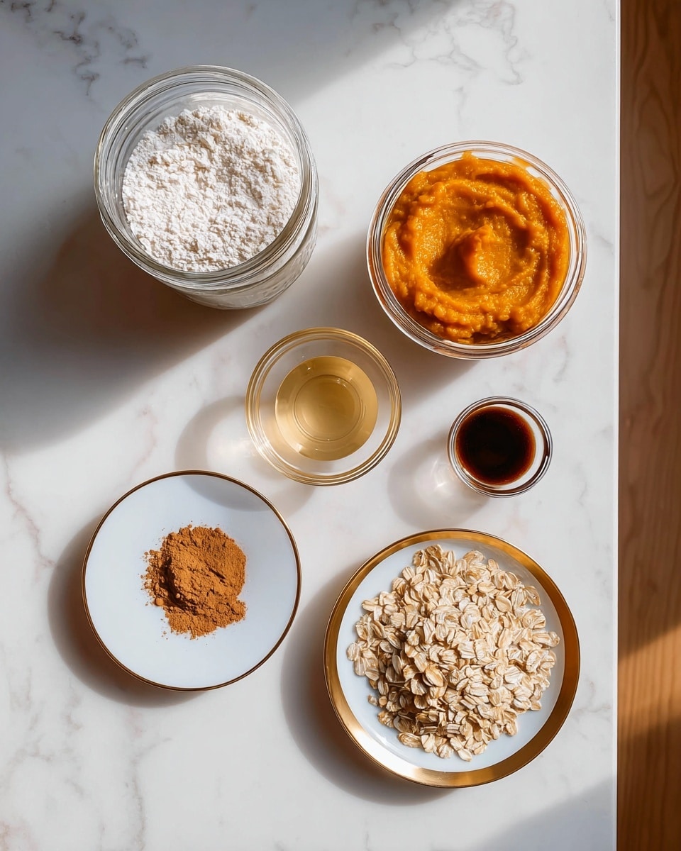 On a white marbled surface, there are six containers arranged neatly. At the top left, a glass jar filled with white powdery flour. To the right, another glass jar holds smooth, bright orange pumpkin puree with visible swirl marks on the surface. Below the pumpkin jar, a small clear glass bowl contains light golden liquid. To the left of that, a shallow white plate with brown cinnamon powder in a neat pile. Below the cinnamon plate is a small white plate holding a clear glass bowl with a dark brown liquid, likely vanilla extract. On the bottom right, a white plate with a gold trim is filled with golden brown rolled oats. The setup is minimal and clean, with soft natural light highlighting the different textures and colors. Photo taken with an iphone --ar 4:5 --v 7