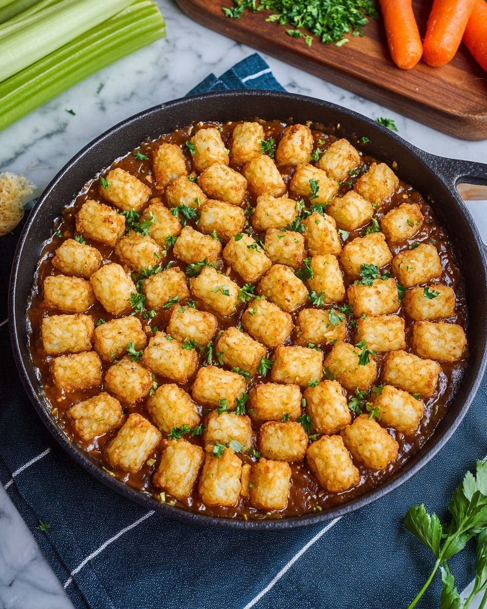 The dish is served in a round black cast iron pan filled with a base layer of thick brown stew or sauce that has a rich, slightly glossy texture. On top, there is a tightly arranged layer of crispy, golden brown tater tots covering the entire surface. The tater tots are uniformly browned with a crunchy texture visible on their edges. Small pieces of fresh green parsley are scattered lightly over the tater tots, adding a bright green contrast. The pan is placed on a dark blue cloth with white stripes, set on a white marbled surface. In the background, there are fresh celery stalks and two orange carrots, along with some chopped green herbs on a wooden cutting board. Photo taken with an iphone --ar 4:5 --v 7