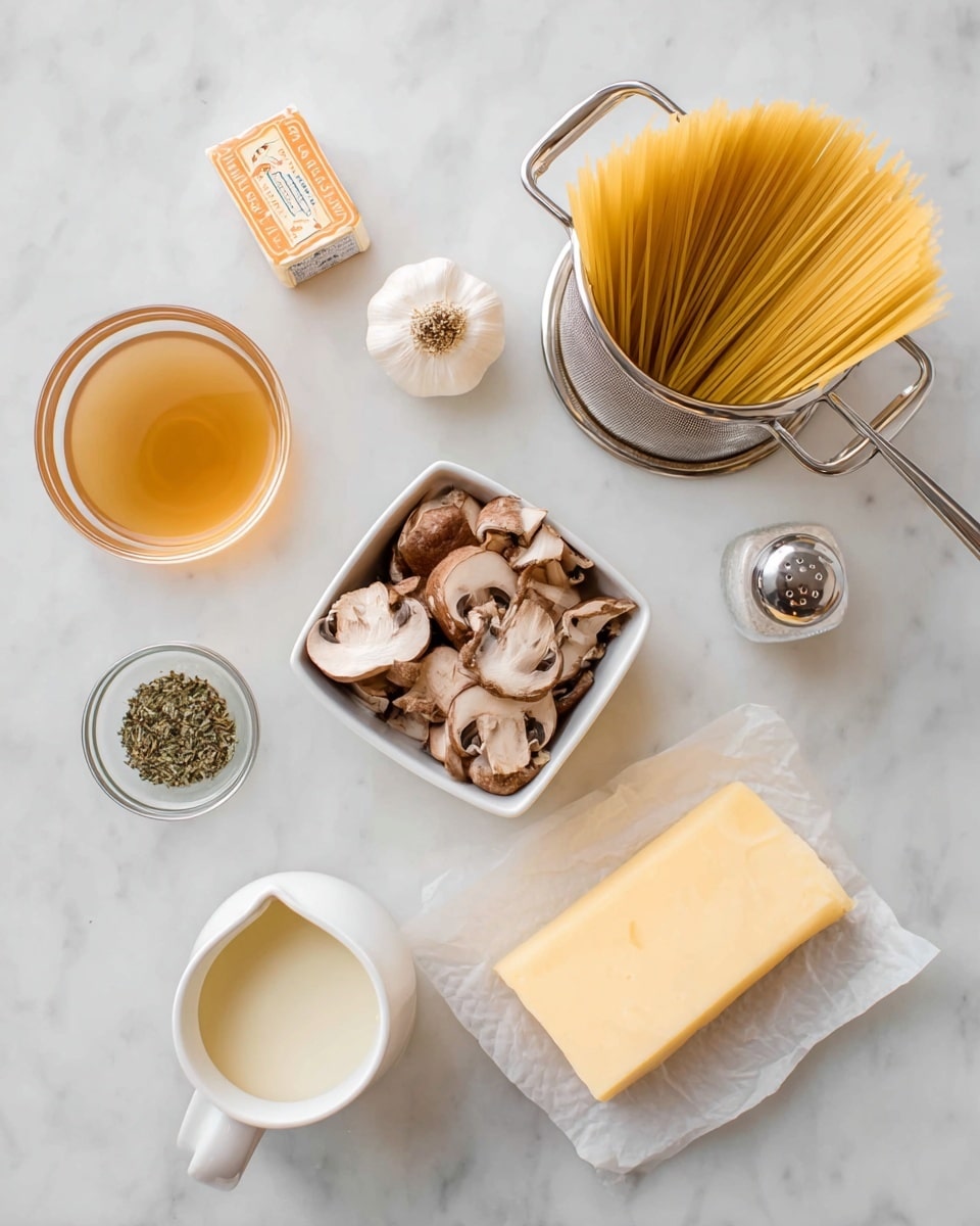 The image shows several cooking ingredients neatly placed on a white marbled surface. At the top right, uncooked spaghetti sticks out from inside a silver colander. Below and to the right is a wedge of light yellow cheese resting on white parchment paper. In the center is a square white bowl filled with sliced brown mushrooms. To its left, a glass bowl holds a golden-brown liquid, likely broth. Above that, a small glass bowl contains dried green herbs. Near the top left, there is a tube of orange-labeled butter lying down, a bulb of garlic, and a small white pitcher filled with cream. Finally, a glass salt shaker is positioned to the right of the mushrooms. photo taken with an iphone --ar 4:5 --v 7