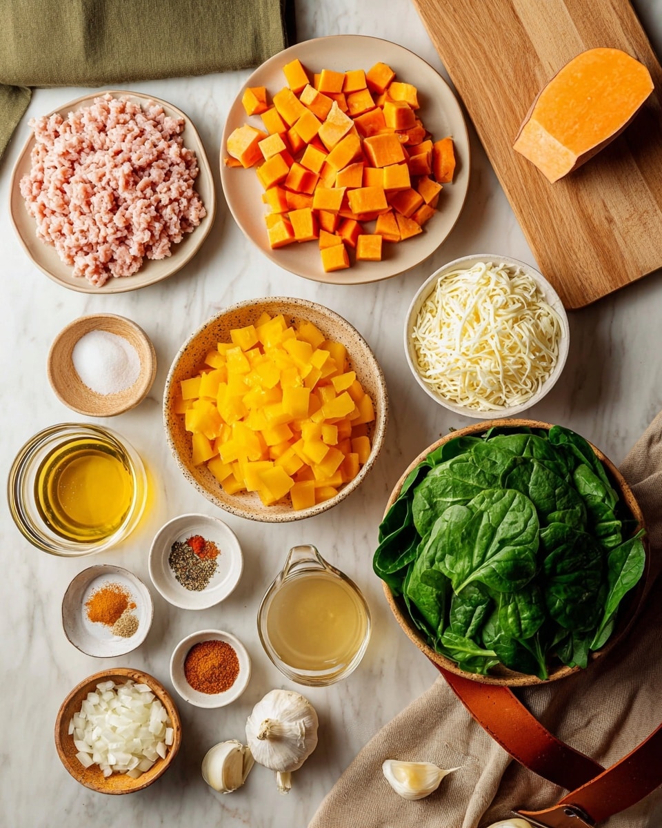 A top view shows several white bowls and containers arranged on a white marbled surface. One bowl holds yellow corn kernels and black beans, divided side by side. Another bowl contains chopped green bell peppers, white onions, and red bell peppers arranged in sections. A smaller bowl is filled with different spices in shades of brown, red, green, and beige. Nearby, a white bowl with shredded white cheese sits below a raw sweet potato in the center. To the left, a white tray of ground meat is visible, and next to it is a can of diced fire-roasted tomatoes. A small bunch of cilantro with green leaves lies on the surface near a light gray cloth. Photo taken with an iphone --ar 4:5 --v 7