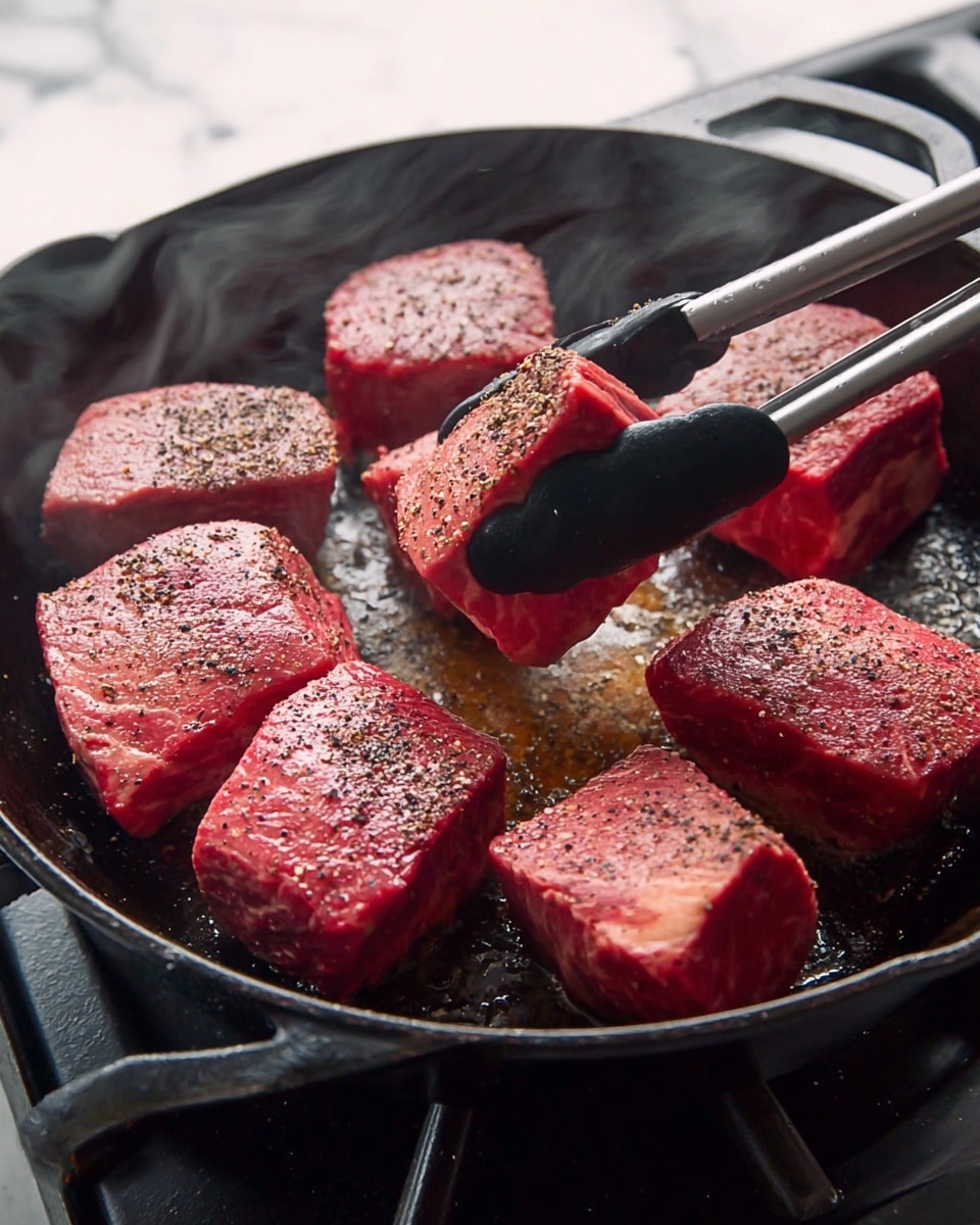 The image shows a black cast iron pan on a stove with seven thick pieces of raw red meat, each sprinkled with coarse black pepper. Six pieces are arranged around the edges of the pan, with one piece in the center being browned on the side. A pair of black tongs is holding the center piece, lifting it slightly. The pan surface has a slight shine from the cooking juices, and there is faint steam rising, indicating the meat is being seared. The overall setting is on a white marbled surface. Photo taken with an iphone --ar 4:5 --v 7