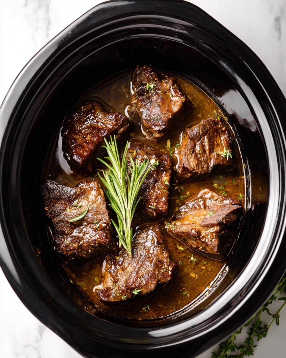 The image shows eight browned pieces of meat placed inside a black slow cooker, partially submerged in a thin brown liquid with small strips of herbs scattered around. A fresh green sprig of rosemary rests on top of the meat pieces, adding color contrast. The slow cooker has a shiny black interior and rounded edges, sitting on a white marbled surface with a small section of green rosemary visible to the side. photo taken with an iphone --ar 4:5 --v 7