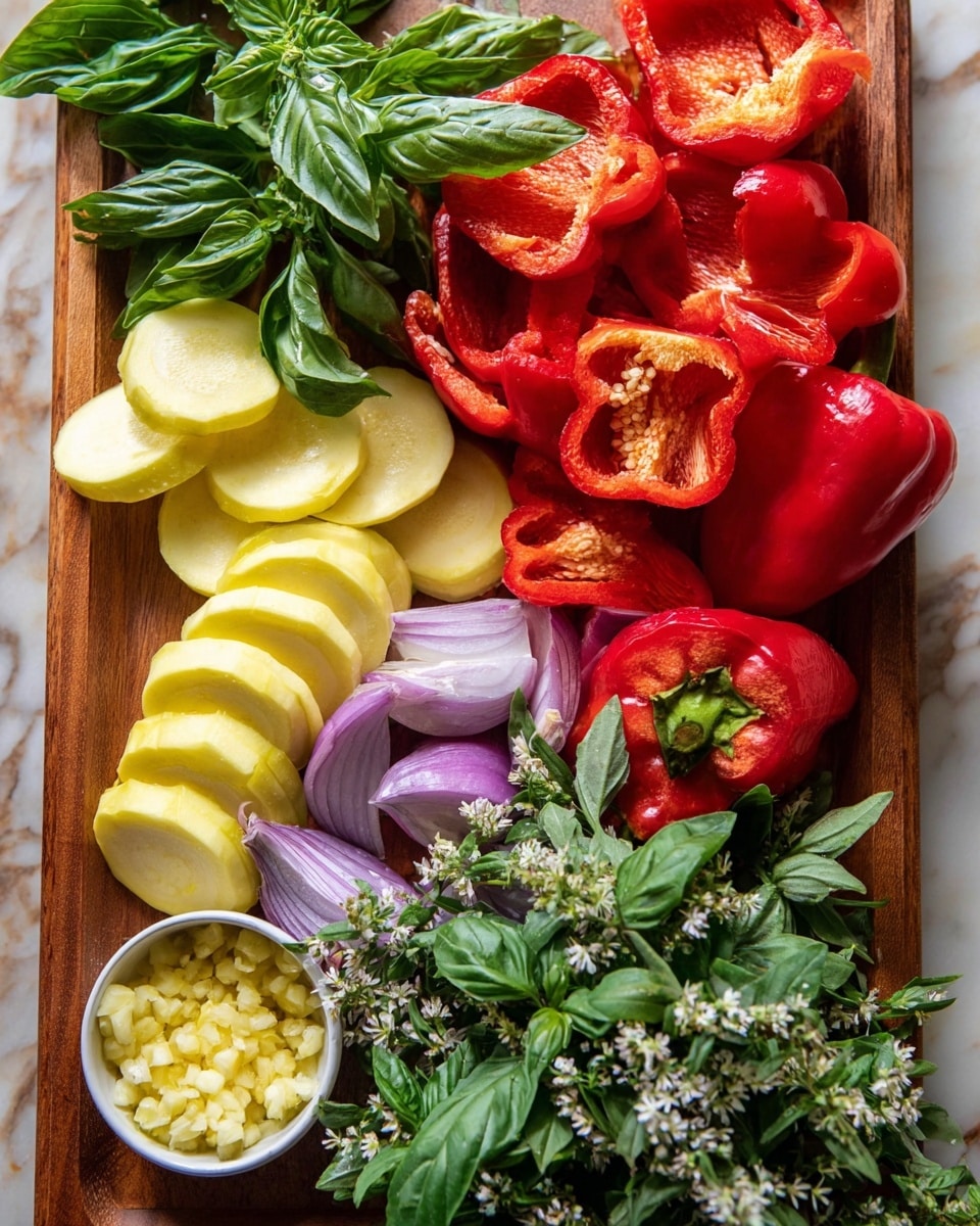 The image shows a wooden board filled with fresh vegetables and herbs. There are several red peppers placed on the right side, with one red pepper cut in half showing its seeds inside near the middle of the board. To the left of the peppers, there are sliced pale yellow squash pieces arranged neatly. Light purple shallots are also sliced and placed on the left side near the squash. Green fresh basil leaves with small white flowers are spread over the board, some resting on the peppers and other vegetables. In the bottom left corner, there is a small white bowl filled with chopped yellow garlic. The board sits on a white marbled surface. photo taken with an iphone --ar 4:5 --v 7