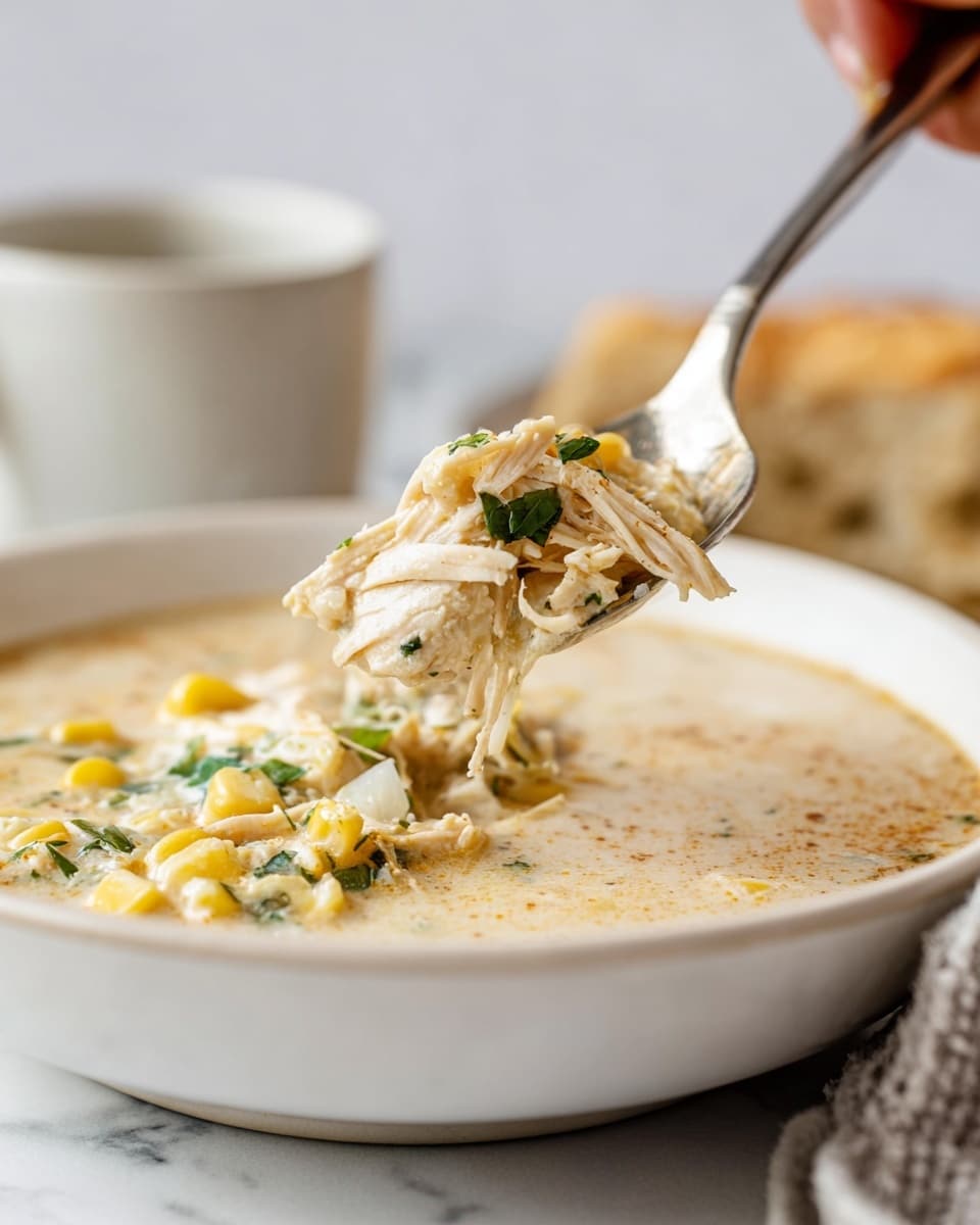 The image shows a close-up of creamy soup in a white bowl placed on a white marbled surface. The soup has three main layers: a light beige creamy broth with specks of spices, shredded white chicken mixed with yellow corn kernels scattered on top, and small green herb flakes adding bits of color. A silver spoon is lifted over the bowl, holding a bite of the soup with visible shredded chicken, corn, and herbs. In the blurred background, there is a white cup and a woman's hand holding a textured piece of bread near the edge of the frame. photo taken with an iphone --ar 4:5 --v 7