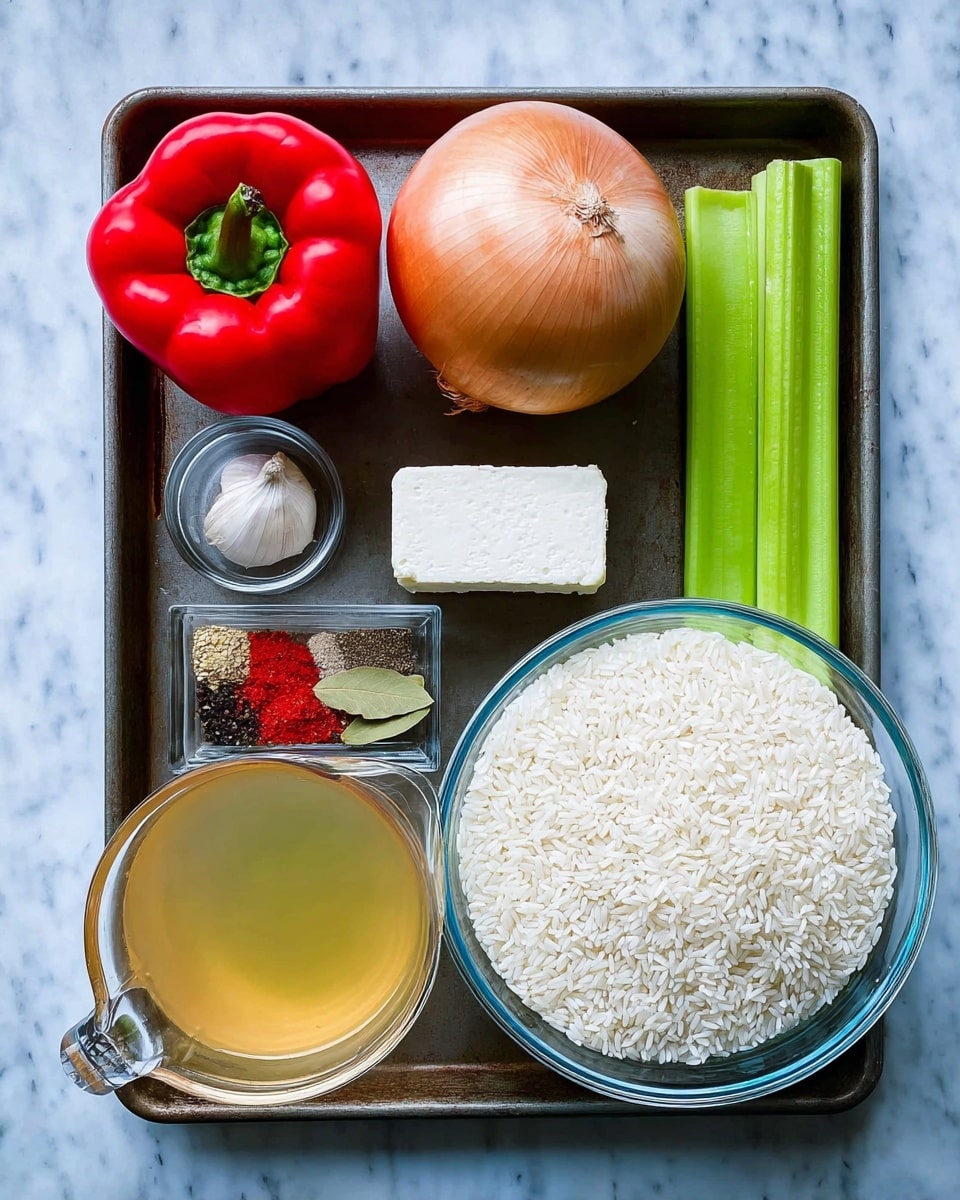 The image shows a baking tray with several ingredients arranged neatly on it, placed on a white marbled surface. In the top left corner, there is a whole bright red bell pepper, followed by a whole light brown onion below it and a whole white garlic bulb under the onion. In the middle of the tray lies a fresh green celery stalk, and next to it, near the top right, is a small white block of butter. Below the butter is a small clear bowl holding a mix of spices, including red, black, and white powders and a single dried bay leaf. To the right side of the tray, there is a large clear bowl filled with raw white rice, and beneath the clear bowl, a glass measuring cup filled halfway with a light yellow liquid, likely broth. Photo taken with an iphone --ar 4:5 --v 7