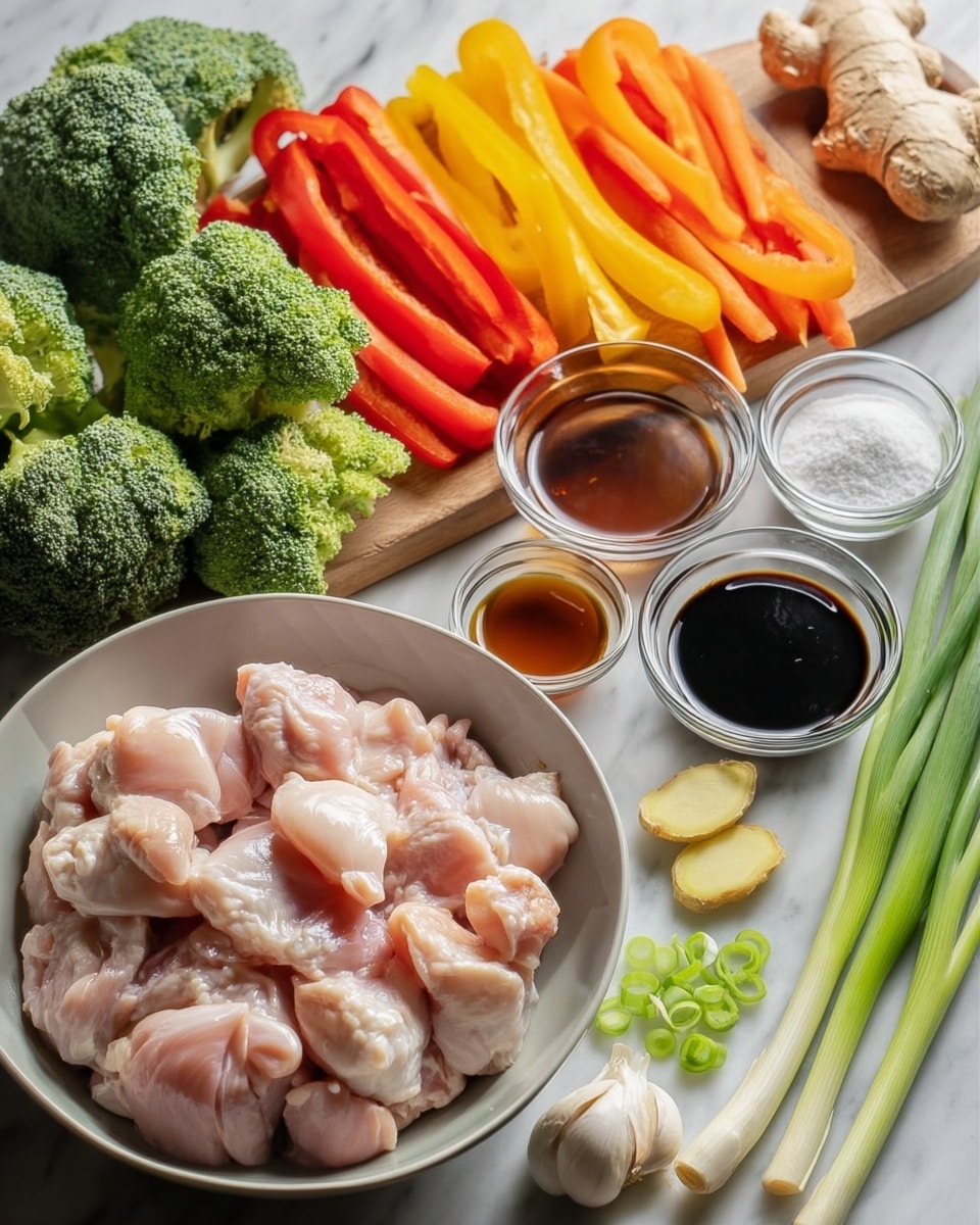 A white bowl filled with raw chicken pieces sits in the center, surrounded by colorful fresh vegetables and sauces on a white marbled surface. Behind the bowl, there are bright red, yellow, and white sliced bell peppers visible. To the left, green broccoli heads and long orange carrot sticks are neatly arranged. On the right side, three small clear glass bowls hold dark and light brown sauces, and a fourth bowl contains white powder. Close to these bowls are whole cloves of garlic, sliced green onion rounds, and a piece of fresh ginger. A bunch of green onions lies in the upper right corner. The light is soft, highlighting the fresh textures of the ingredients photo taken with an iphone --ar 4:5 --v 7