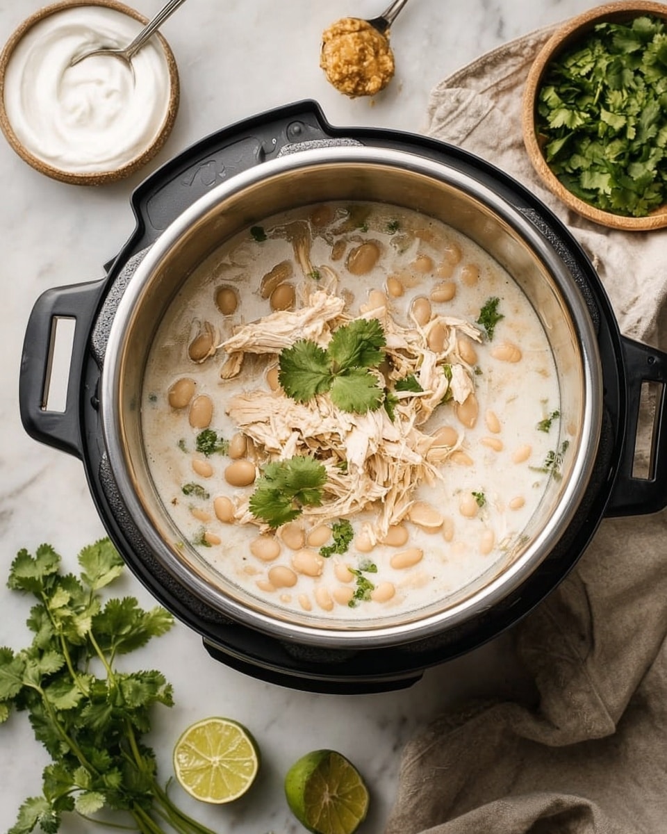 The image shows a black Instant Pot with a silver inner pot filled with a creamy white soup. The soup has three main layers: the base is a light white creamy broth, the middle layer has beige white beans scattered throughout, and on top are shredded pieces of light tan chicken with green cilantro leaves placed on them. Surrounding the pot, on a white marbled surface, there is a small bowl of sour cream, a metal spoon holding some paste, a sliced lime with bright green flesh, and a bunch of fresh green cilantro. A beige cloth is draped beside the pot. Photo taken with an iphone --ar 4:5 --v 7