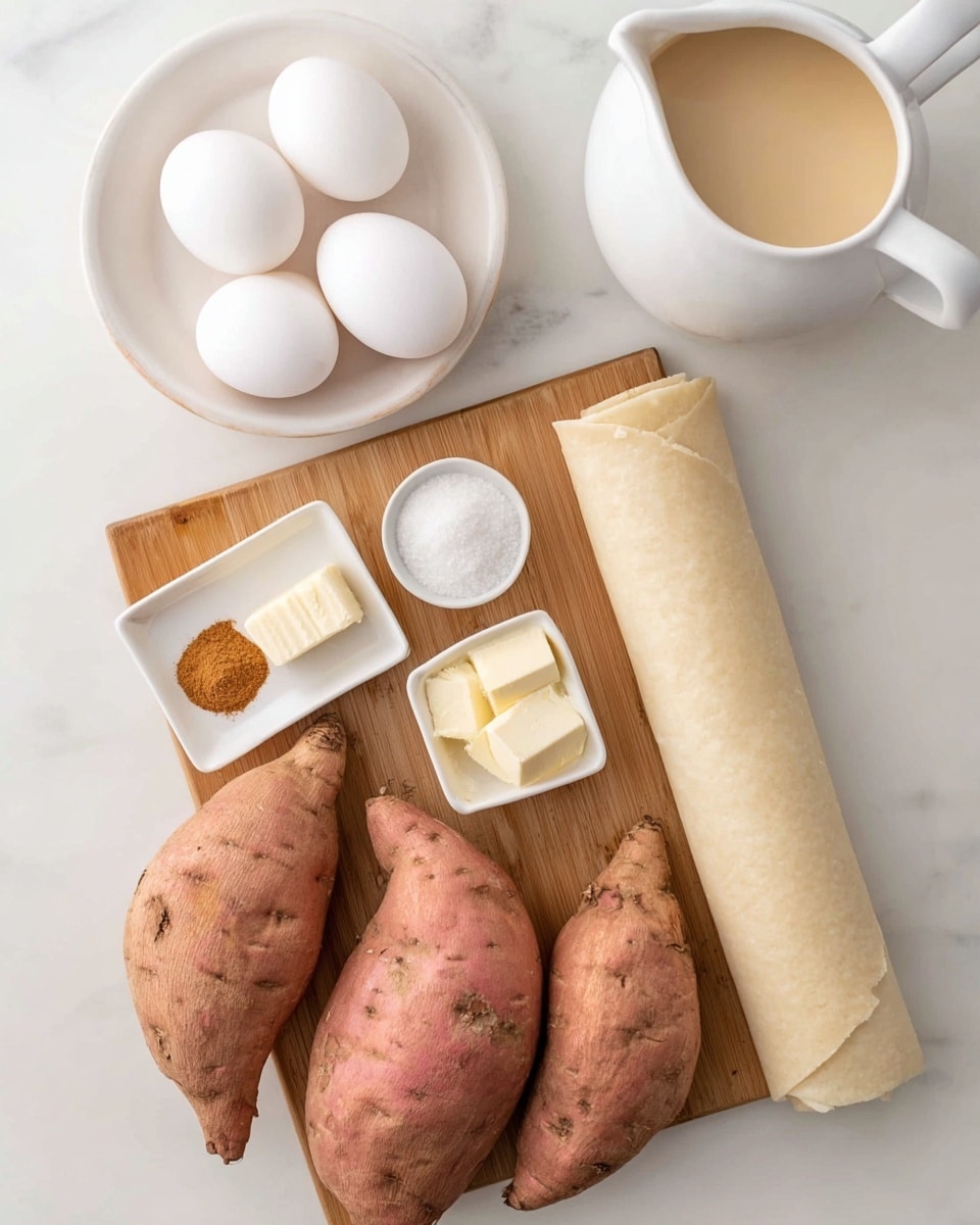 The image shows a wooden board placed on a white marbled surface with ingredients arranged neatly. On the board, from left to right, are two white eggs, a small white dish with two pieces of pale yellow butter, a white square dish containing cinnamon, ground ginger, and sugar, and a rolled sheet of light beige dough with a soft texture. To the right of the board, sitting directly on the marbled surface, are four medium-sized, rough-skinned sweet potatoes with a pinkish-brown color. Above the board are a white bowl filled with white granulated sugar and a white pitcher containing a creamy beige liquid. The whole setup is bright and clean, with a soft natural light. Photo taken with an iphone --ar 4:5 --v 7