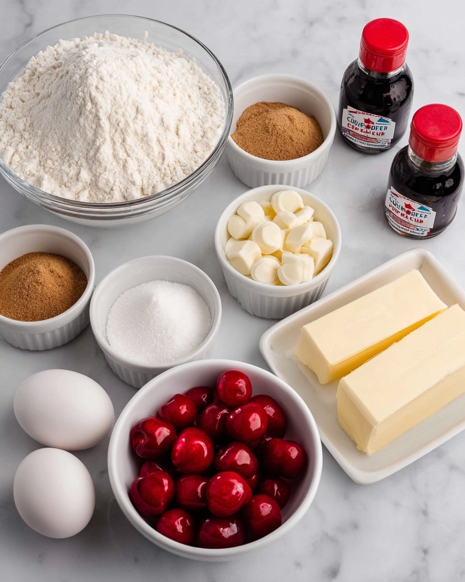 The image shows baking ingredients neatly arranged on a white marbled surface. There is a large clear bowl filled with white flour in the back left, and next to it are six small white bowls holding light brown sugar, white sugar, white chocolate chips, and a mix of baking powder and salt. Two white eggs lie in front near the center. A bowl with bright red cherries is in the middle. On the right side, a white bowl contains two sticks of pale yellow butter. Two small dark bottles of vanilla and almond extract are placed near the front left. The ingredients are brightly lit, showing clear textures and colors. Photo taken with an iphone --ar 4:5 --v 7
