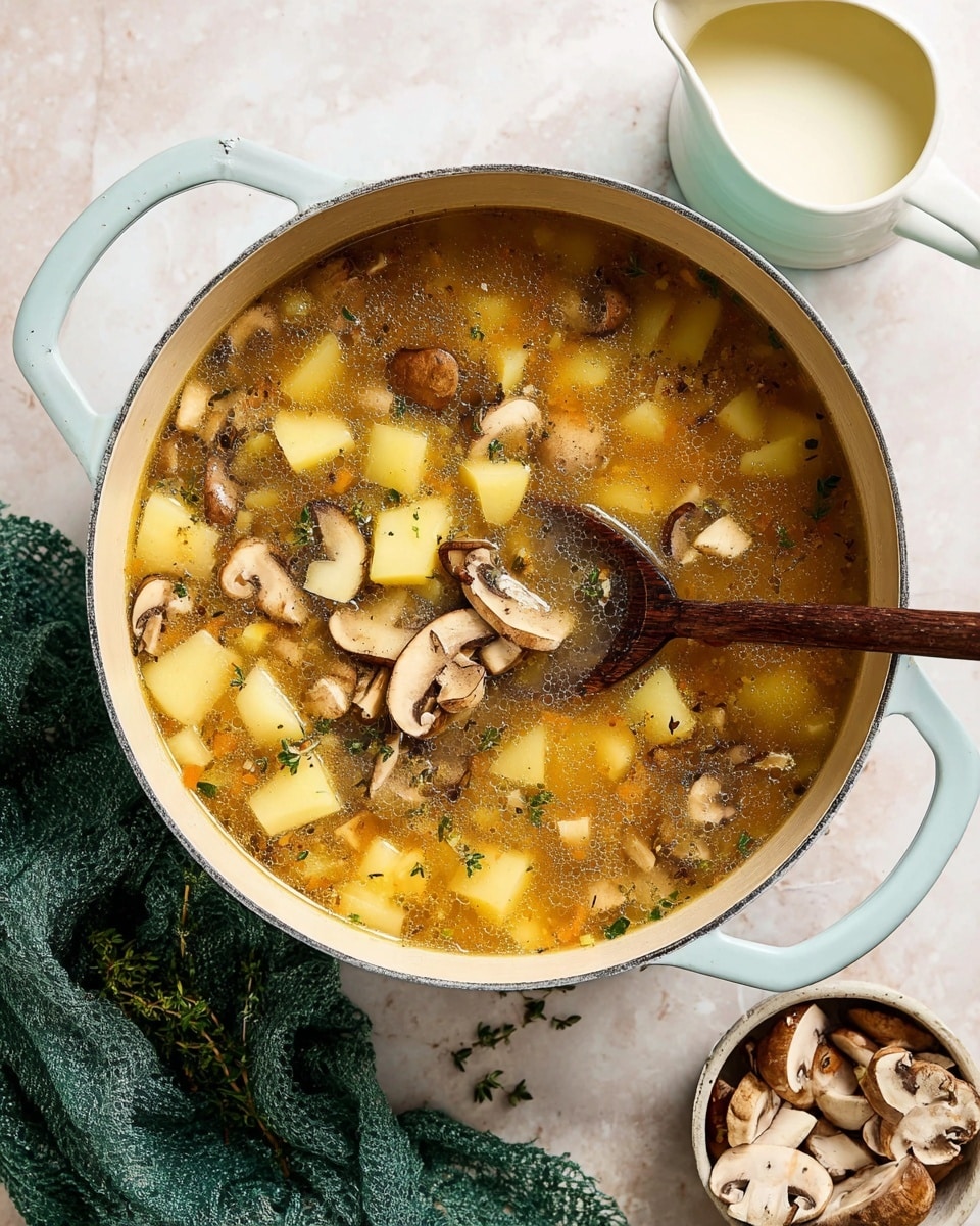 The image shows a light blue pot filled with soup that has three main visible layers: a clear golden-brown broth base, small diced pale yellow potatoes floating throughout, and medium-sized brown mushroom slices scattered evenly on the top layer along with green herbs sprinkled across the surface. A dark wooden spoon is dipped in the soup, lifting some mushrooms and potatoes. The pot sits on a white marbled surface, with a small white jug holding a creamy liquid to the right and a small white bowl filled with sliced mushrooms below it. A green cloth is placed near the top right corner. Photo taken with an iphone --ar 4:5 --v 7