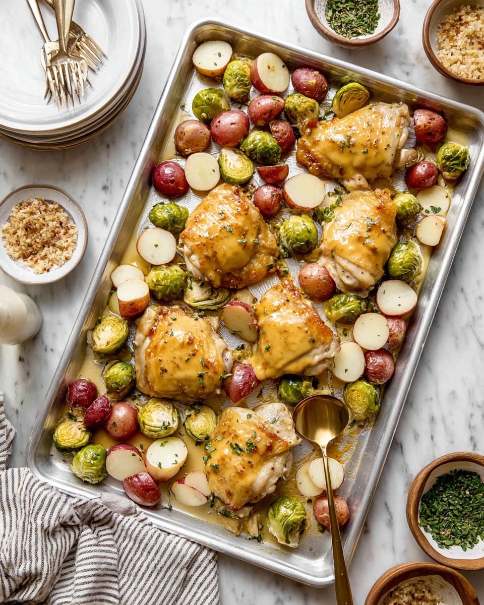 A silver baking tray holds a meal with six pieces of brownish cooked chicken thighs topped with a shiny golden sauce. Scattered around and between the chicken are small roasted red potatoes cut into halves or quarters showing their white insides, and green Brussels sprouts also cut in half, some with browned edges. A gold spoon rests near the right side of the tray, partly under the vegetables. The tray is placed on a white marbled surface with small bowls of green herbs, breadcrumbs, pepper, and sauce nearby, along with a striped cloth napkin and a stack of white plates on the left. photo taken with an iphone --ar 4:5 --v 7