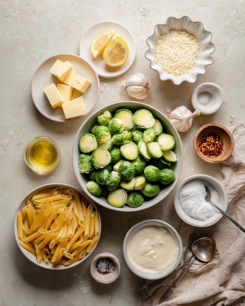 A top view of several white bowls arranged on a white marbled surface, holding raw sliced Brussels sprouts in a large bowl at the center, yellow uncooked penne pasta in a bowl at the bottom left, small cubes of butter on a small plate near the top left, grated white cheese in a scalloped bowl above the Brussels sprouts, and a bowl with creamy white sauce on the right side. Around these main bowls are small dishes containing salt and pepper, white flour with a silver spoon, three garlic cloves, a halved lemon, a small bowl with oil, and a container with red pepper flakes. A beige linen cloth is partly visible to the right side of the setup. Photo taken with an iphone --ar 4:5 --v 7