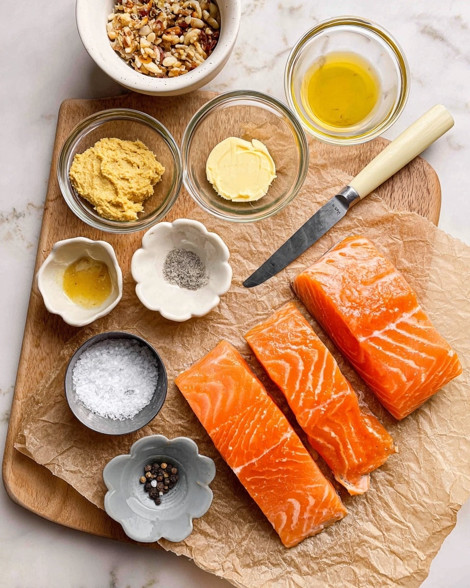 The image shows a wooden cutting board with crinkled brown paper on top, placed on a white marbled surface. On the board, there are two bright orange salmon fillets with visible white lines running through them on the right side. Surrounding the salmon are several small clear glass bowls filled with ingredients: one has a dollop of mustard-colored paste, another has a light yellow minced substance, and another holds a pale yellow liquid. A small white scalloped dish contains a golden yellow oil, and a gray small dish shaped like a flower holds black pepper. A small metal cup filled with coarse white salt is also present. A knife with a cream-colored handle rests diagonally on the board next to the ingredients. In the top left corner, a white bowl holds a mixture of chopped nuts or seeds. photo taken with an iphone --ar 4:5 --v 7