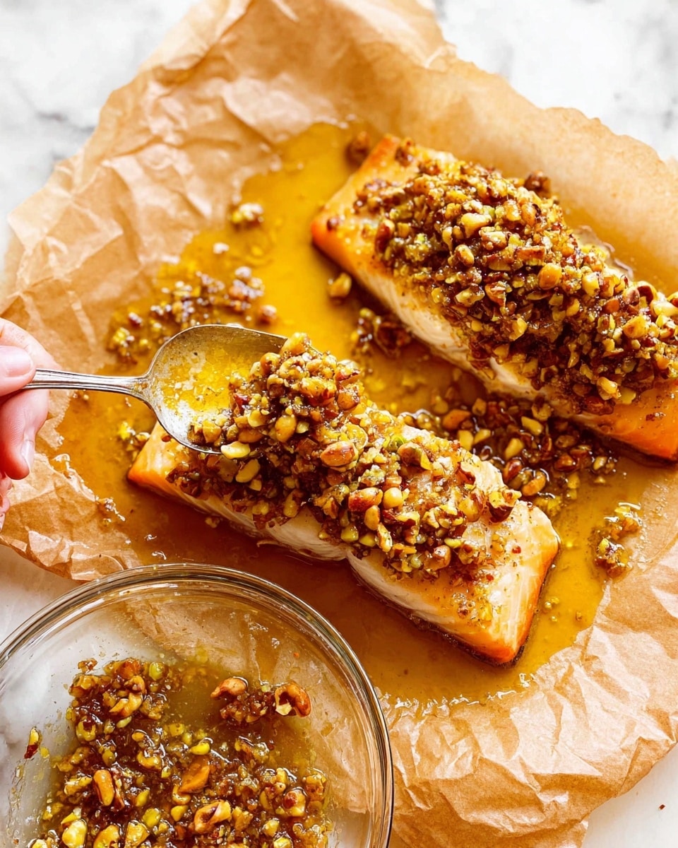 Two pieces of bright orange fish fillets lie on crinkled brown parchment paper on a white marbled surface. Each fillet is topped with a thick, chunky layer of chopped nuts mixed with a glossy golden sauce, which also pools around the fillets on the paper. A woman's hand holds a spoon spreading the nut topping on one fish piece. In the foreground, there is a clear glass bowl filled with more of the nut mixture and sauce. The colors are warm with shiny textures from the sauce and crunchy nut topping photo taken with an iphone --ar 4:5 --v 7