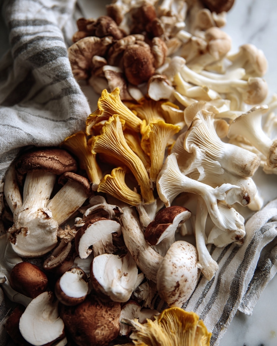 A close-up image showing a loose pile of mixed mushrooms on a white marbled surface. The pile contains several layers of different mushroom types: thin slices of brown mushrooms with white inner flesh, some small yellow mushrooms with ruffled edges, and beige and white mushrooms with thick stems and textured caps. The mushrooms are scattered naturally, with some pieces overlapping others, creating a varied mix of brown, white, and yellow colors with soft and slightly rough textures. A soft striped cloth with gray and white lines is blurred in the background. Photo taken with an iphone --ar 4:5 --v 7