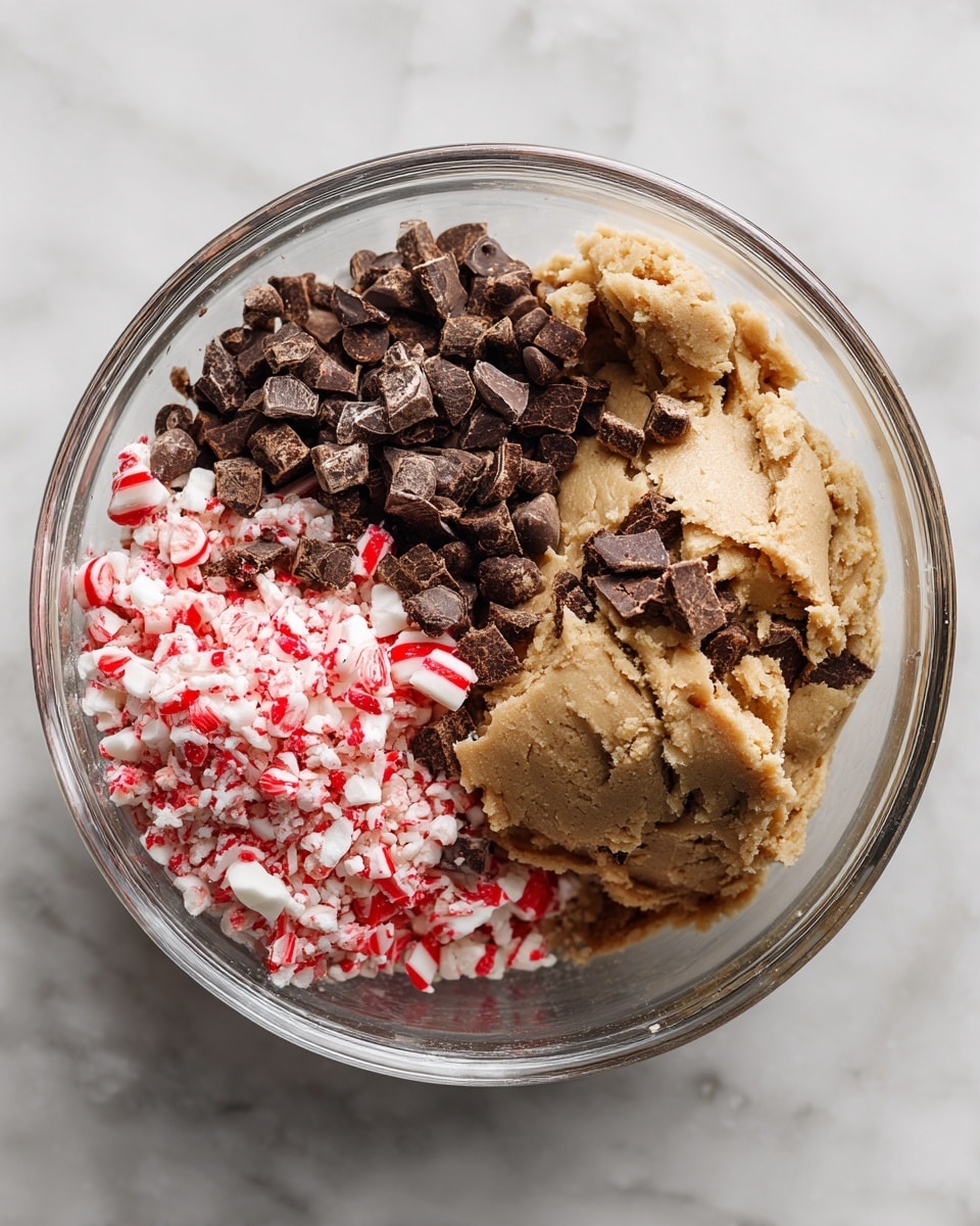 A clear glass mixing bowl sits on a white marbled surface, filled with layers ready to blend. The first layer is light brown cookie dough with a soft, slightly crumbly texture, placed mainly on the right side. On the upper left, there are many dark chocolate chunks, some in square shapes and others in small chips, creating contrast against the dough. Below the chocolate chunks, in the lower left area, crushed red and white peppermint candies add a bright pop of color with their rough, jagged texture. The ingredients are unmixed, each distinct and ready to be stirred together. Photo taken with an iphone --ar 4:5 --v 7