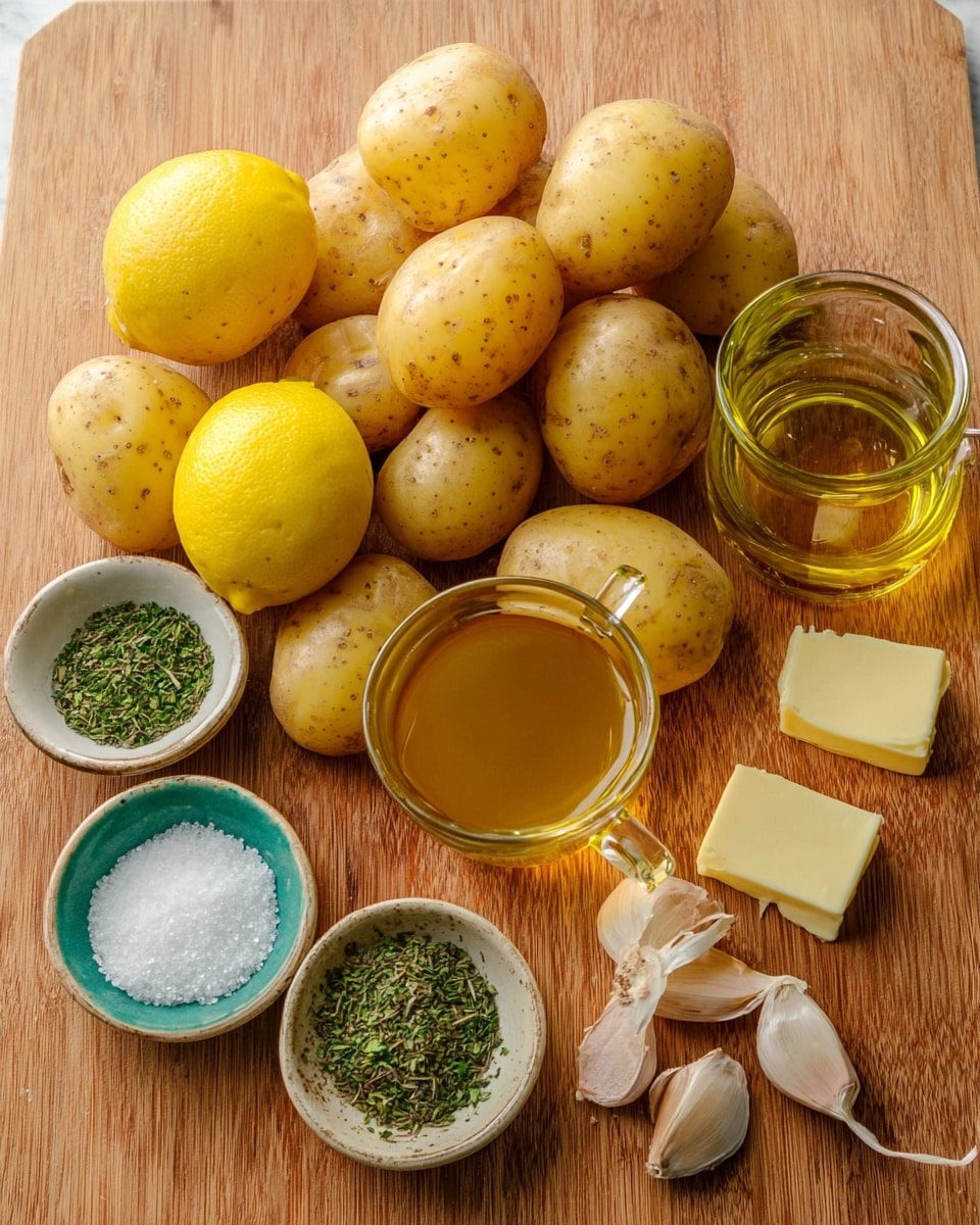 A group of small yellow potatoes is spread out on a wooden surface. Next to them are two whole yellow lemons, a clear glass cup with golden olive oil, a clear glass cup with a light brown liquid, and three small containers holding green dried herbs, white granulated salt, and two pieces of pale yellow butter. There are also three garlic cloves to the side. The background is a white marbled texture photo taken with an iphone --ar 4:5 --v 7