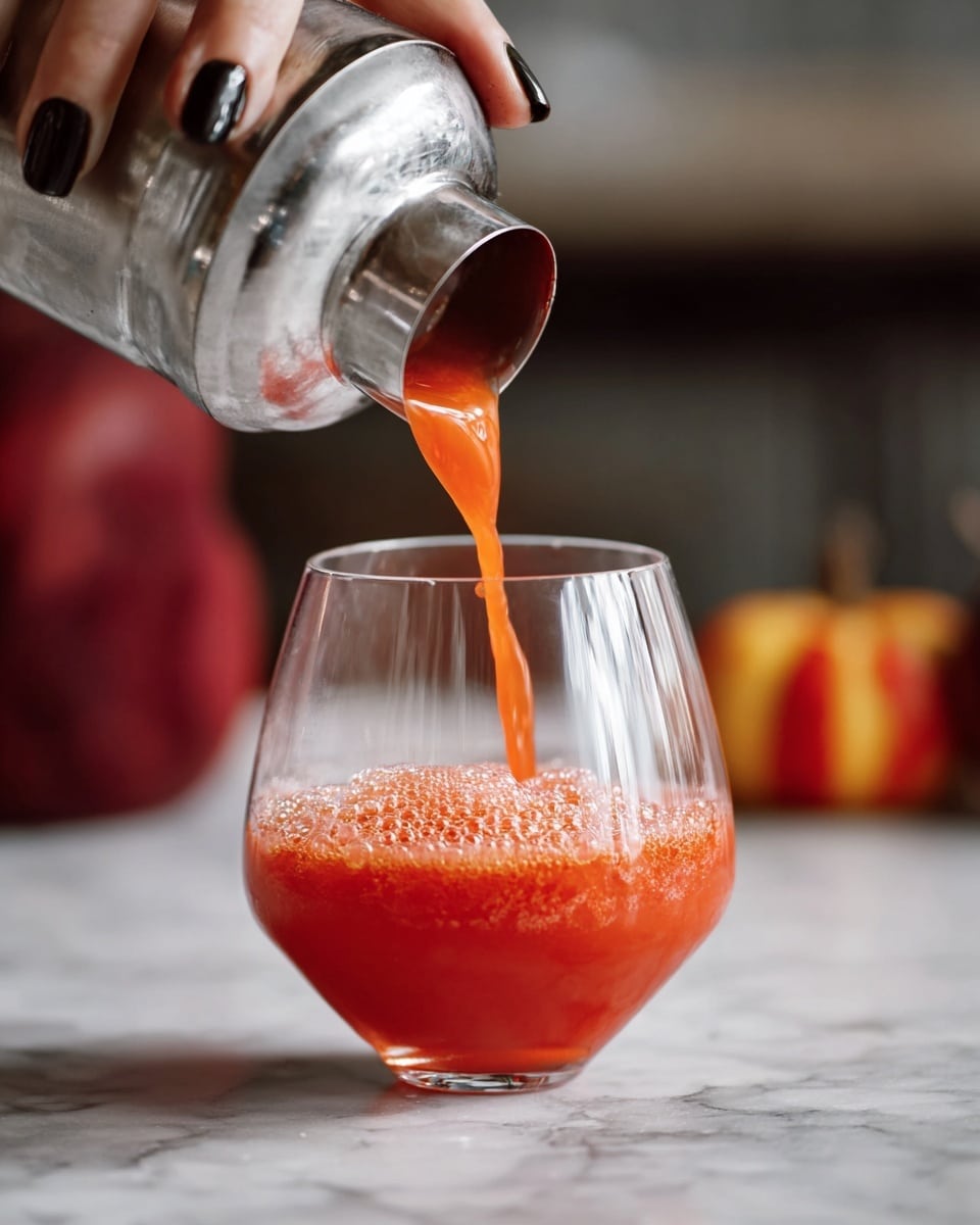 A large round clear glass on a white marbled surface is being filled with a bright red-orange liquid from a stainless steel cocktail shaker held by a woman's hand with black painted nails; the liquid is flowing in a smooth stream into the glass, forming small bubbles and a frothy layer on top, with blurred deep red and yellow objects in the soft background, photo taken with an iphone --ar 4:5 --v 7