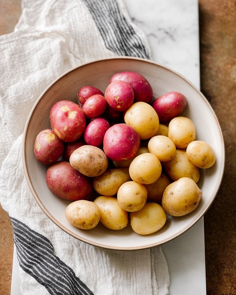 A white bowl filled with two types of small potatoes; one group is red with some yellow spots and a smooth texture, and the other group is light yellow and smooth as well. The bowl is placed on a white cloth with black stripes, and everything rests on a white marbled texture. The potatoes are piled in a soft mound, showing their round and oval shapes clearly. photo taken with an iphone --ar 4:5 --v 7