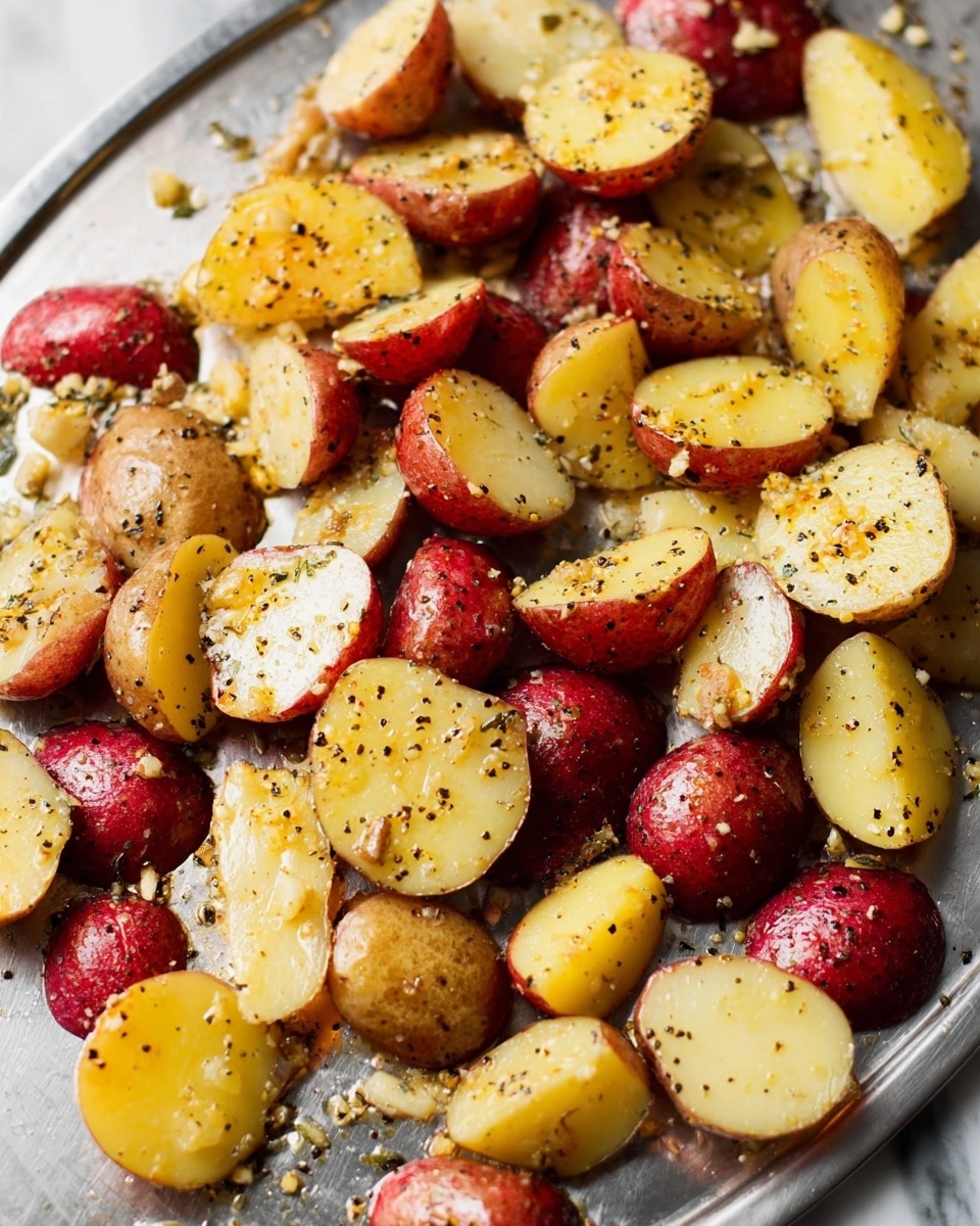 The image shows a mix of small red and yellow potatoes that are cut into halves and quarters, scattered on a silver tray. The potato pieces have a shiny, moist look with visible glistening oil, and they are sprinkled with black pepper, herbs, and bits of minced garlic or seasoning. The red potato skins add spots of deep red color contrasting with the creamy yellow flesh of the yellow potatoes. The texture looks slightly rough from the seasoning and natural potato skin, and the light reflects softly on the oil-coated surfaces. The background is a white marbled texture. Photo taken with an iphone --ar 4:5 --v 7