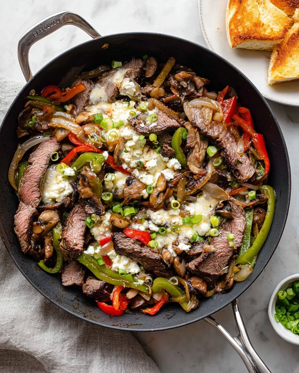 A black pan filled with cooked slices of steak layered on top of sautéed green and red bell pepper strips, light brown caramelized onions, and brown sliced mushrooms, all mixed together with melted patches of white cheese. Bright green chopped scallions are sprinkled on top, adding a fresh contrast. The pan handle is silver, and the pan sits on a white marbled surface with a light gray cloth nearby. In the corner, there is a white plate with two toasted pieces of golden brown bread. Photo taken with an iphone --ar 4:5 --v 7