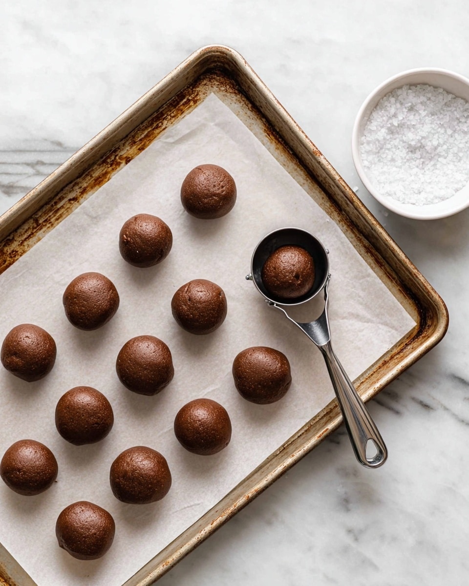 The image shows a metal baking tray lined with white parchment paper on a white marbled surface. On the tray, there are twelve smooth, round, dark brown dough balls arranged in a loose triangular pattern. A metal cookie scoop holding one more ball of dough is placed near the top right of the tray. To the right of the tray, there is a small white bowl filled with white coarse salt. The overall scene feels clean and ready for baking. Photo taken with an iphone --ar 4:5 --v 7
