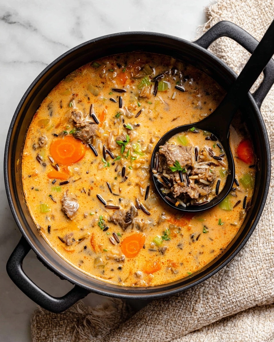 A bowl filled with creamy orange soup holds visible layers of ingredients including orange carrot slices, light green celery chunks, tender brown meat pieces, and wild rice with black and beige grains mixed in. The soup’s surface glistens slightly from the creamy broth. Small green parsley leaves garnish the top, adding a fresh contrast. A silver spoon rests inside the bowl on the right side, partly submerged in the soup. The bowl is white with a simple round shape and is held gently by a woman's hand on the left side. The background shows a soft, white marbled texture. Photo taken with an iphone --ar 4:5 --v 7