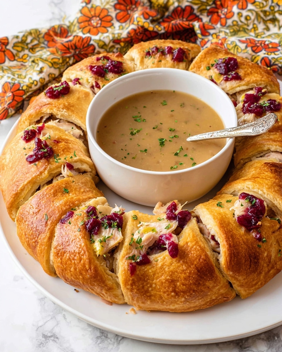 A white plate on a white marbled surface holds a golden brown pastry ring made of folded layers of crust, with each layer showing a filling of light beige chunks of turkey, bright red cranberry sauce, and some green herbs sprinkled on top. In the center of the pastry ring is a white bowl filled with smooth, light brown gravy, garnished with small bits of green herbs, and a silver spoon resting inside. The background has a colorful floral cloth with orange, green, and red patterns. photo taken with an iphone --ar 4:5 --v 7