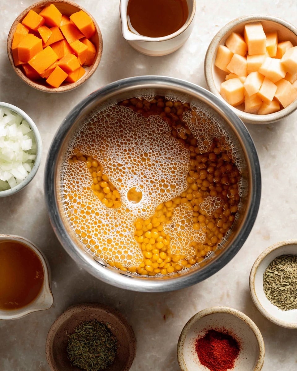 A top view of several white bowls and small dishes arranged on a white marbled surface. In the center, a large white bowl is filled with bright orange cubed butternut squash on a wooden board. To the right of it, a medium white bowl holds smaller orange cubed carrots. Above these, a metal measuring cup with a wooden handle is filled with brown lentils. To the left side, a white bowl with a spoon contains green broth or sauce. Above this, there is a white bowl with chopped white onions, a small dish with salt and pepper, and a small cup of light brown liquid. Below the broth bowl are a small dish with red spice and a few cloves of garlic along with a crumpled light beige cloth. Near the bottom edge, there is a small wooden bowl filled with chopped green herbs, and next to it, two small dishes with spices, one holding a wooden spoon with herbs. Photo taken with an iphone --ar 4:5 --v 7