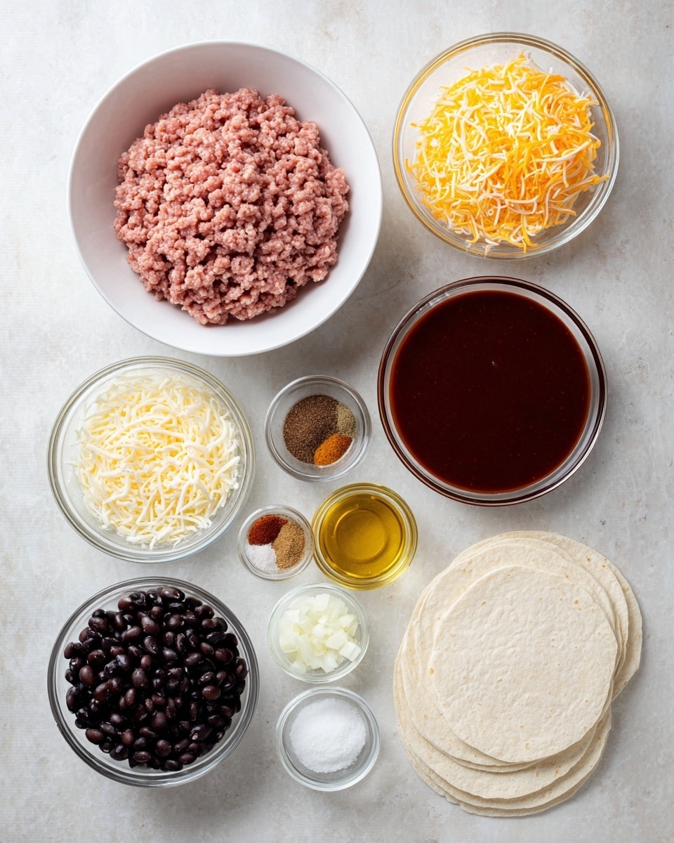 The image shows a flat lay of nine ingredients on a white marbled surface. There are five white round layers of soft tortillas at the bottom left. Above it, a white bowl holds pink raw ground meat with a smooth texture. To the right of the meat is a clear glass bowl filled with dark red sauce that looks thick and smooth. Next to the sauce, a small white bowl contains a mix of three spices in different colors: light beige, dark brown, and red. Above it, another clear bowl holds shredded yellow and white cheese with a coarse texture. To the left top, a clear bowl has shiny black beans. Above the sauce and next to the beans, there is a small clear bowl of yellow oil. On the right side, a clear bowl contains finely chopped white onions, and next to it, a small dark brown bowl holds white salt crystals. All items are evenly spaced. photo taken with an iphone --ar 4:5 --v 7