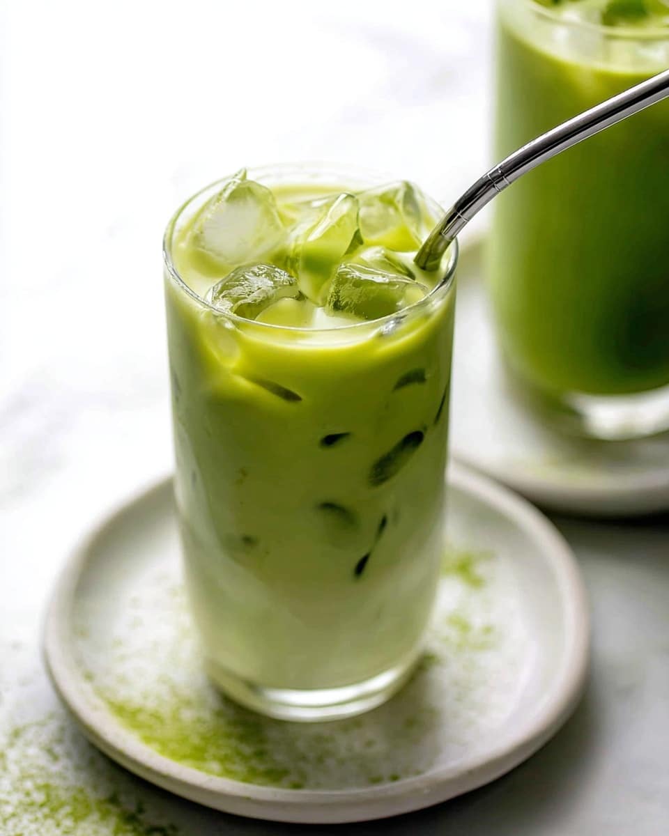 A clear glass filled with pale green iced matcha latte, showing three large, partly melted ice cubes floating on top. The drink has a creamy texture and soft green color mixed with white. A shiny metal straw leans out of the glass. A woman's hand holds the glass from the side, with fingers and thumb visible. The background is a white marbled surface that adds brightness and subtle texture to the image. Another similar glass with the same drink is softly blurred in the background. Photo taken with an iphone --ar 4:5 --v 7