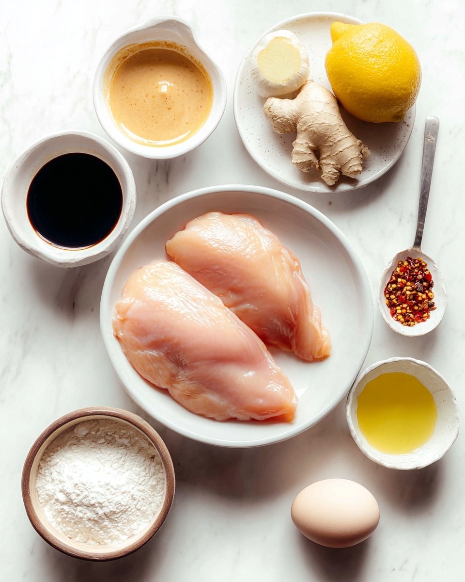 The image shows a white bowl in the center with two raw chicken pieces that are pink and smooth in texture. To the top right is a white plate holding a whole lemon, fresh ginger root, garlic cloves, chili flakes on a spoon, and a small bowl of dark soy sauce. To the top left in a small white bowl is a light brown sauce that looks creamy. Below the chicken bowl, there is a small brown bowl filled with white flour and a small white bowl with a single brown egg. To the right of the egg bowl is a small white bowl with a golden yellow liquid, likely oil. All items are set on a white marbled surface. Photo taken with an iphone --ar 4:5 --v 7